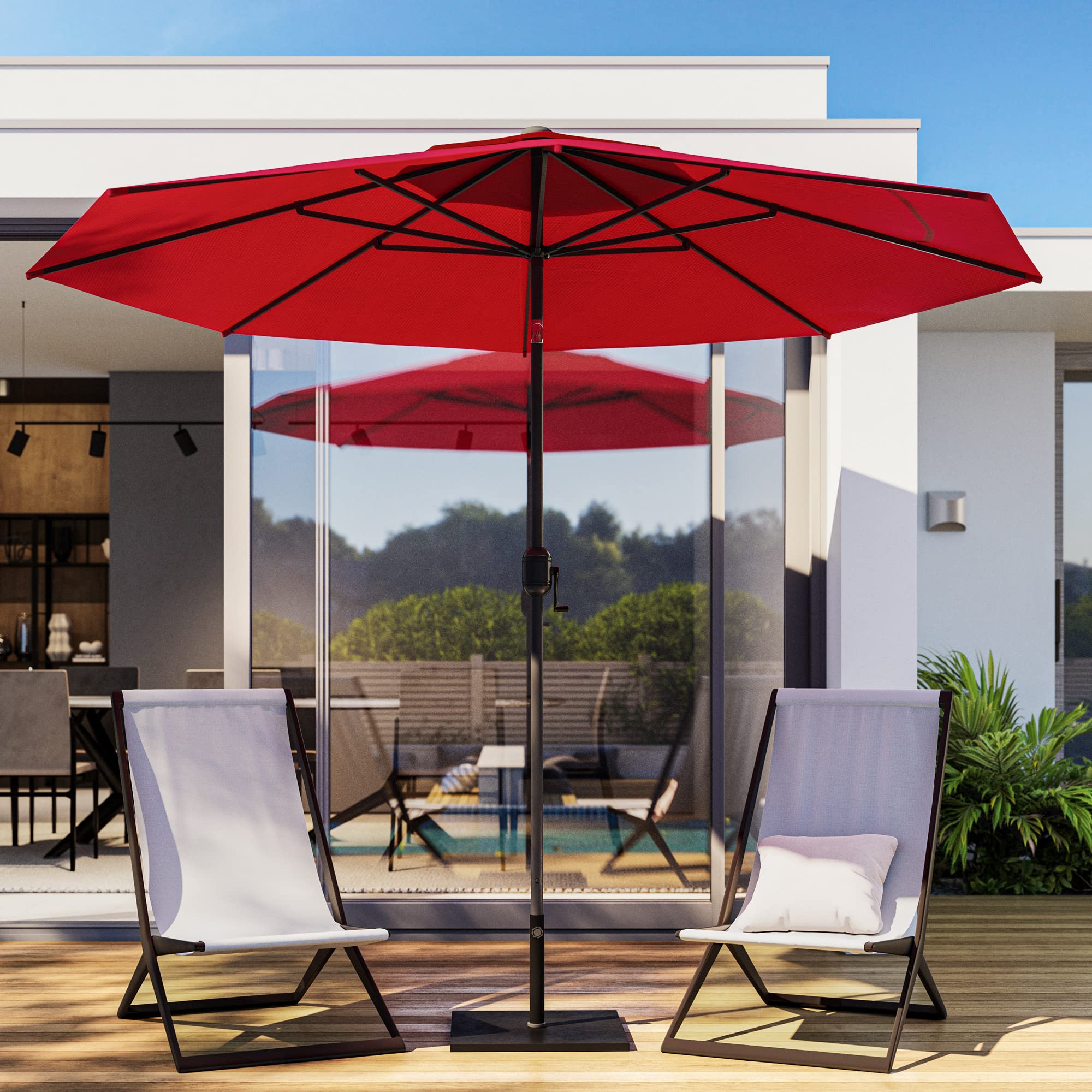BELLEZE 9 Ft Outdoor Patio Umbrella with Tilt & Crank - Sunproof Market Umbrella for Beach, Garden, Deck & Backyard - 8 Sturdy Ribs, Push Button Tilt, Red - Perfect for Poolside Lounging, Outdoor Dining & Patio Furniture Protection