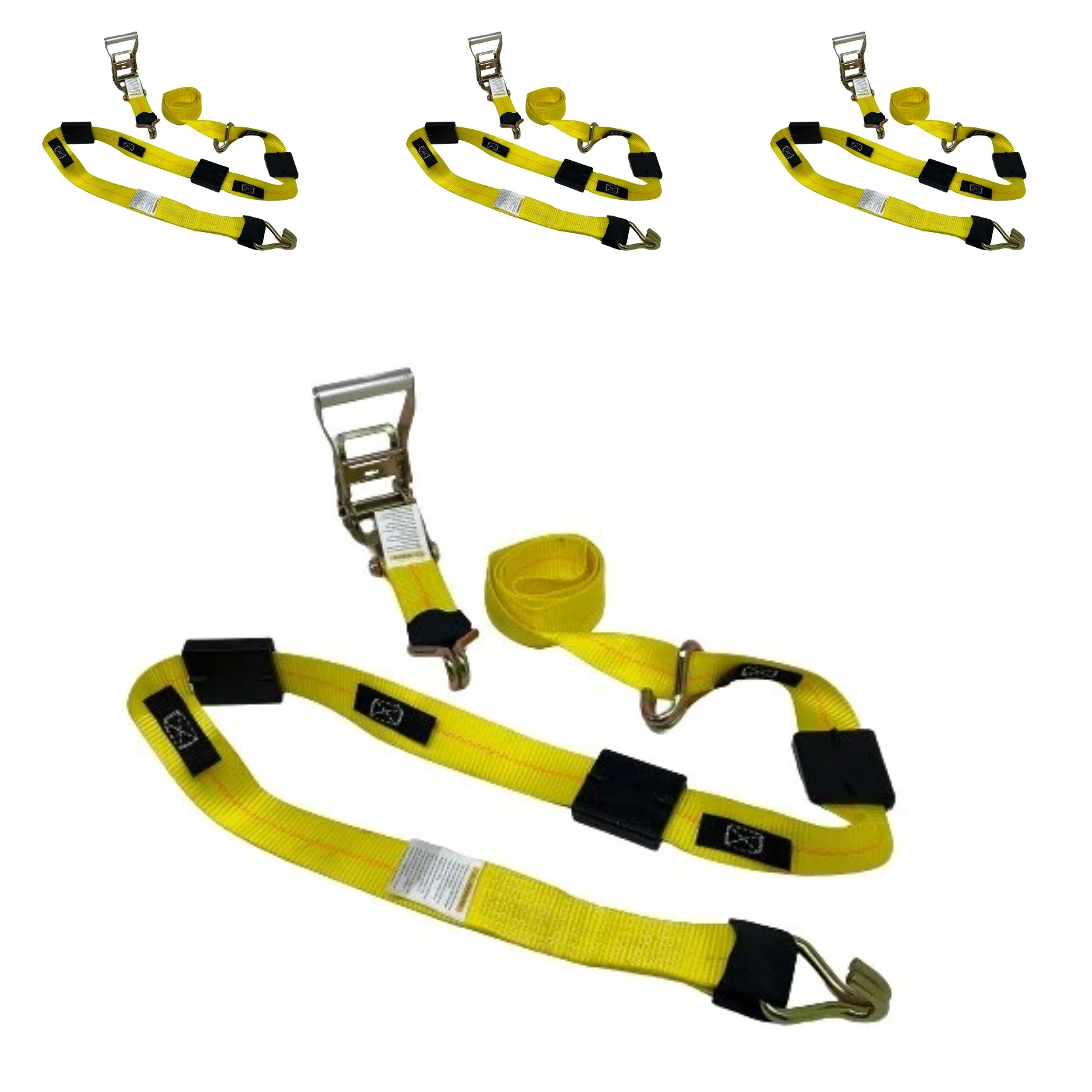 2-Pack 11' Yellow Ratchet Wheel Straps with 3 Rubber Tread Grabs & Wire Hooks (4-Pack) - Heavy Duty Tie Down Straps for Trucks, Trailers, ATVs, Motorcycles, and Boat Transport