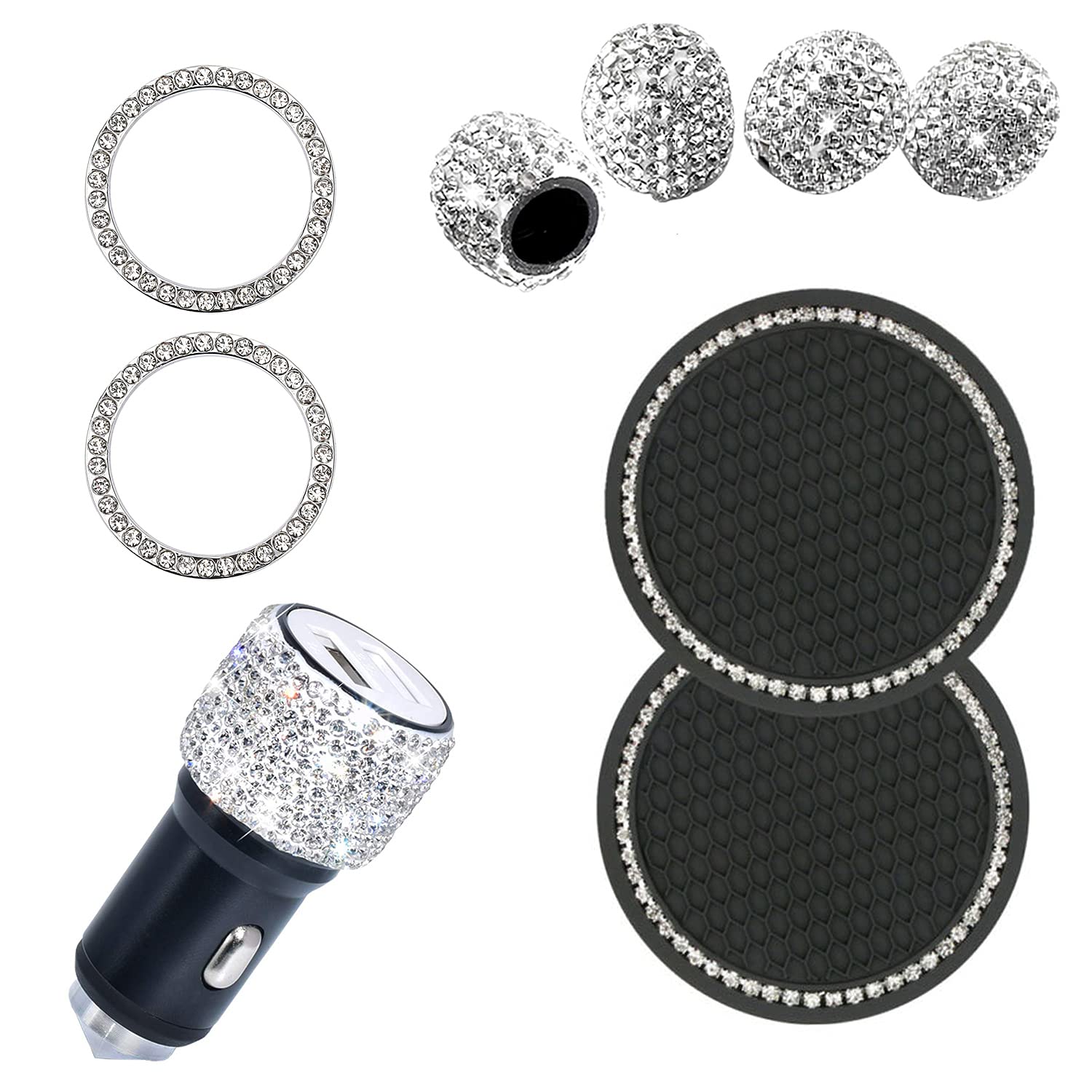 9-Piece Bling Car Accessories Set for Women - Diamond Cup Holders, USB Car Charger, Tire Valve Caps & Start Button Rings | Luxury Car Interior Decor & Gift for Female Drivers