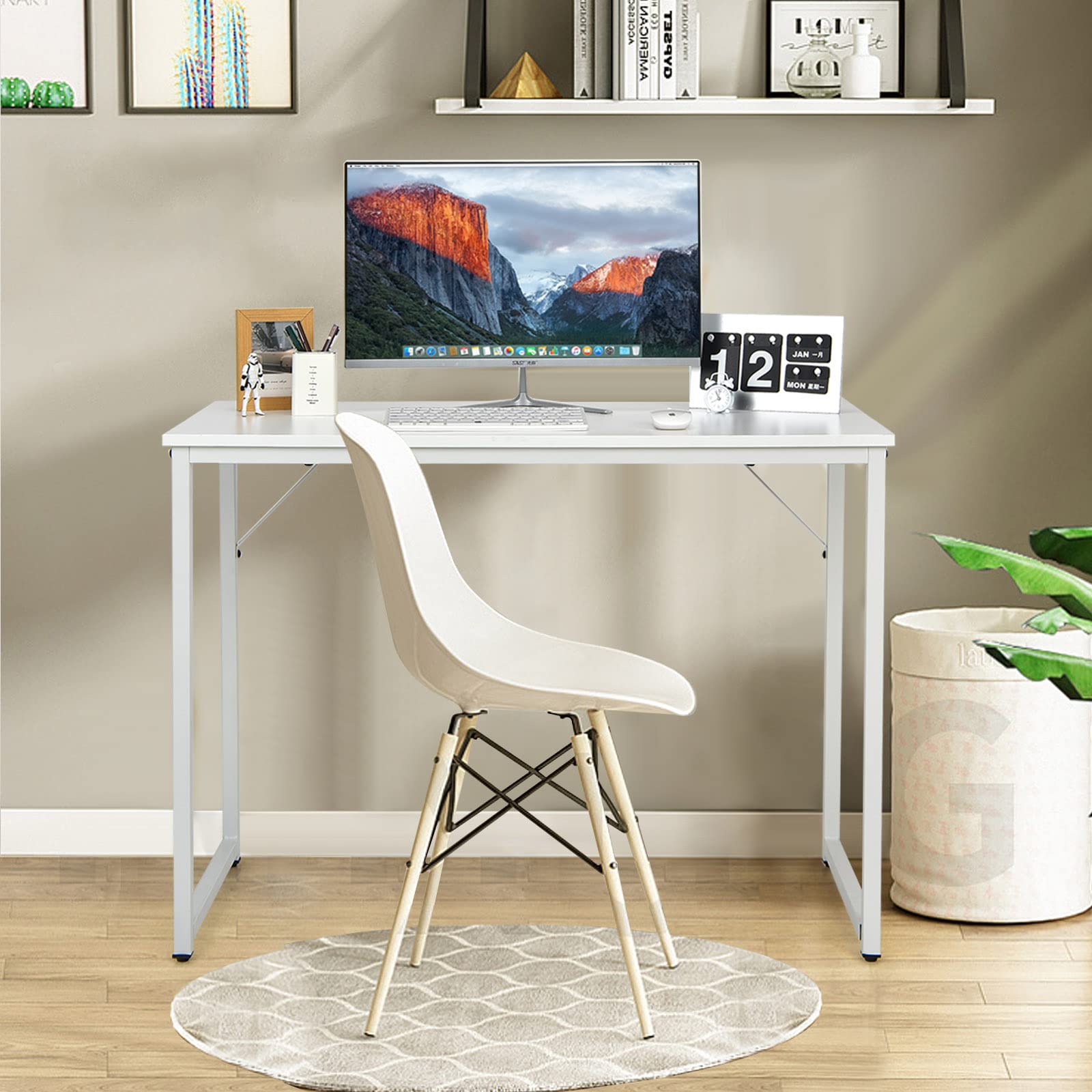 Modern White Hysache Computer Desk - Home Office Workstation with Metal Frame & Cross Bar Support | Simple Writing Desk for Laptop, Study & Workspace | Durable Multipurpose Table for Small Spaces & Remote Work