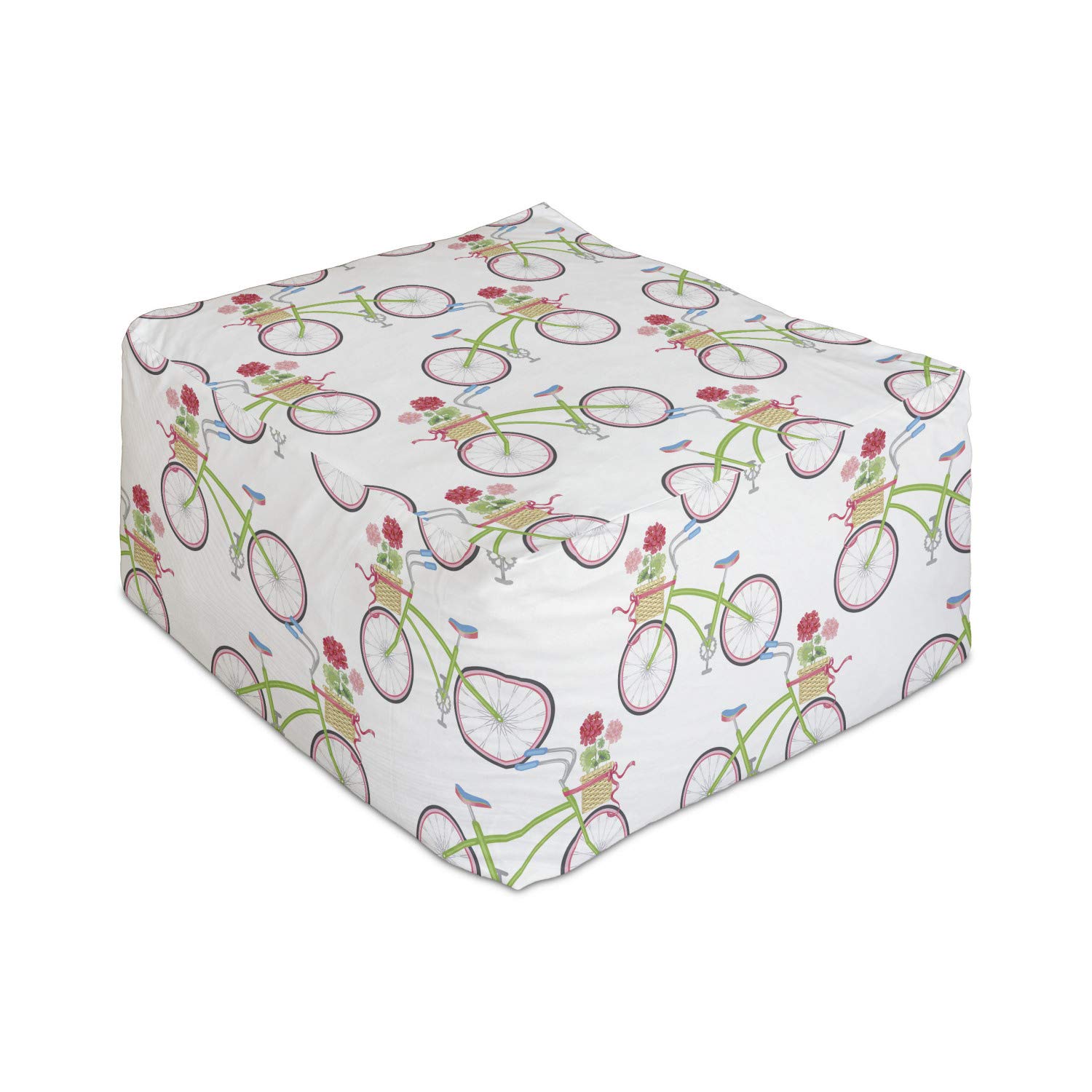 Ambesonne Geraniums Rectangle Pouf - Floral Basket & Bicycle Repeating Pattern Foot Stool, 25