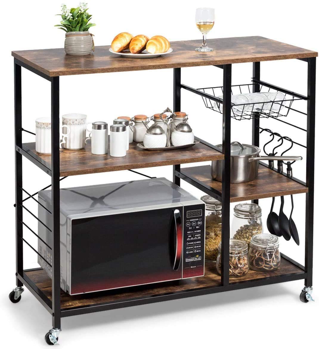 LDAILY Microwave Oven Stand with Lockable Wheels - Industrial Kitchen Baker's Rack, Utility Storage Shelf with Hooks & Basket - Sturdy Metal Frame, Easy Assembly (Brown) - Perfect for Small Kitchens, Apartments & Dorm Rooms