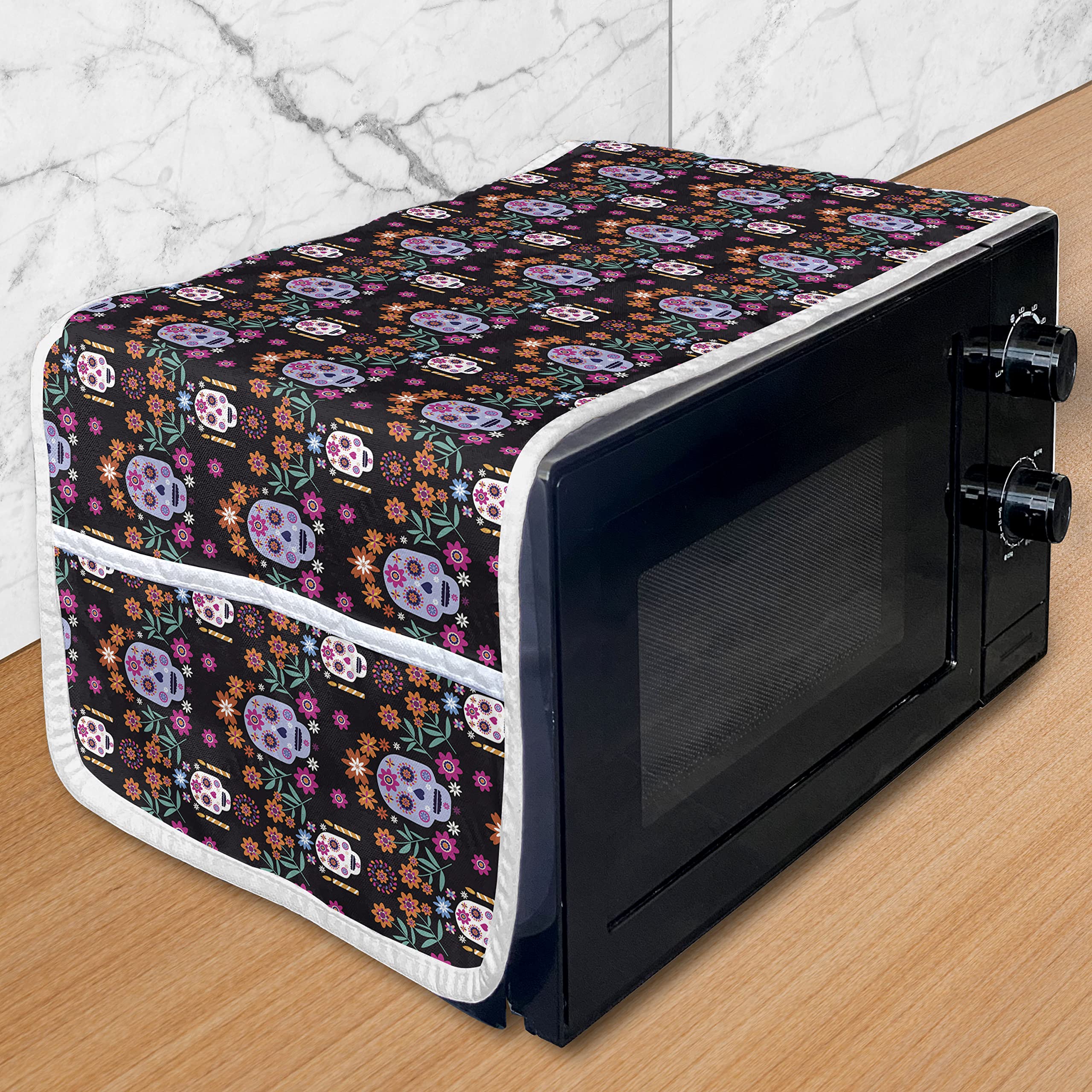 Ambesonne Dia De Los Muertos Microwave Cover - Mexican Sugar Skull & Floral Pattern Waterproof Kitchen Organizer with Pockets, 36