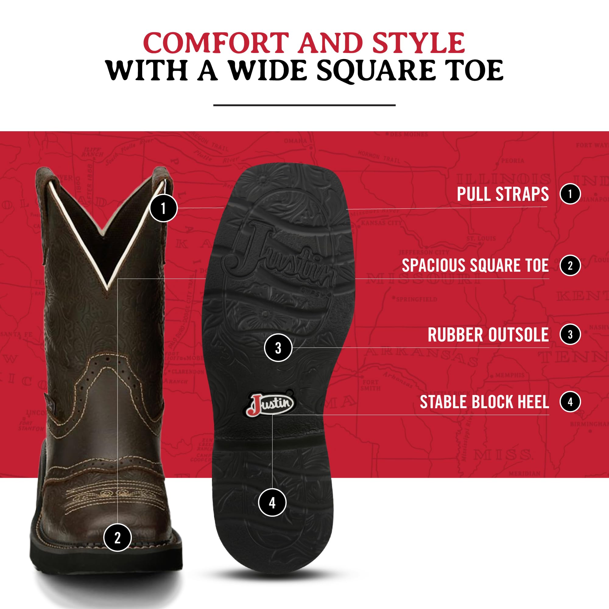 Justin Mandra 8” Women's Western Boots - Durable Cowhide Leather Square Toe Cowgirl Boots with Vivid Stitching, J-Flex Comfort & Non-Slip Outsoles | Perfect for Country Dancing, Rodeo Events & Everyday Western Fashion