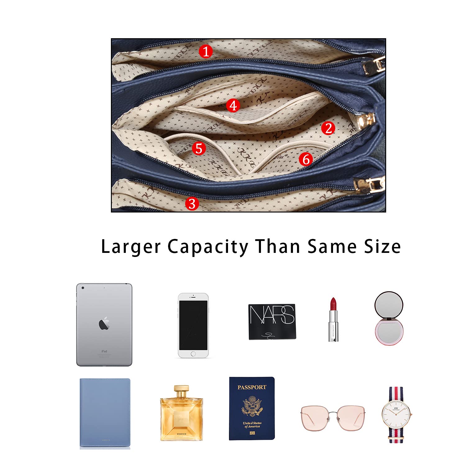 KKXIU Women's Leather Satchel Handbag with Shoulder Strap, Multiple Pockets & Zipper Closure - Stylish Crossbody Purse for Work, Travel & Everyday Use