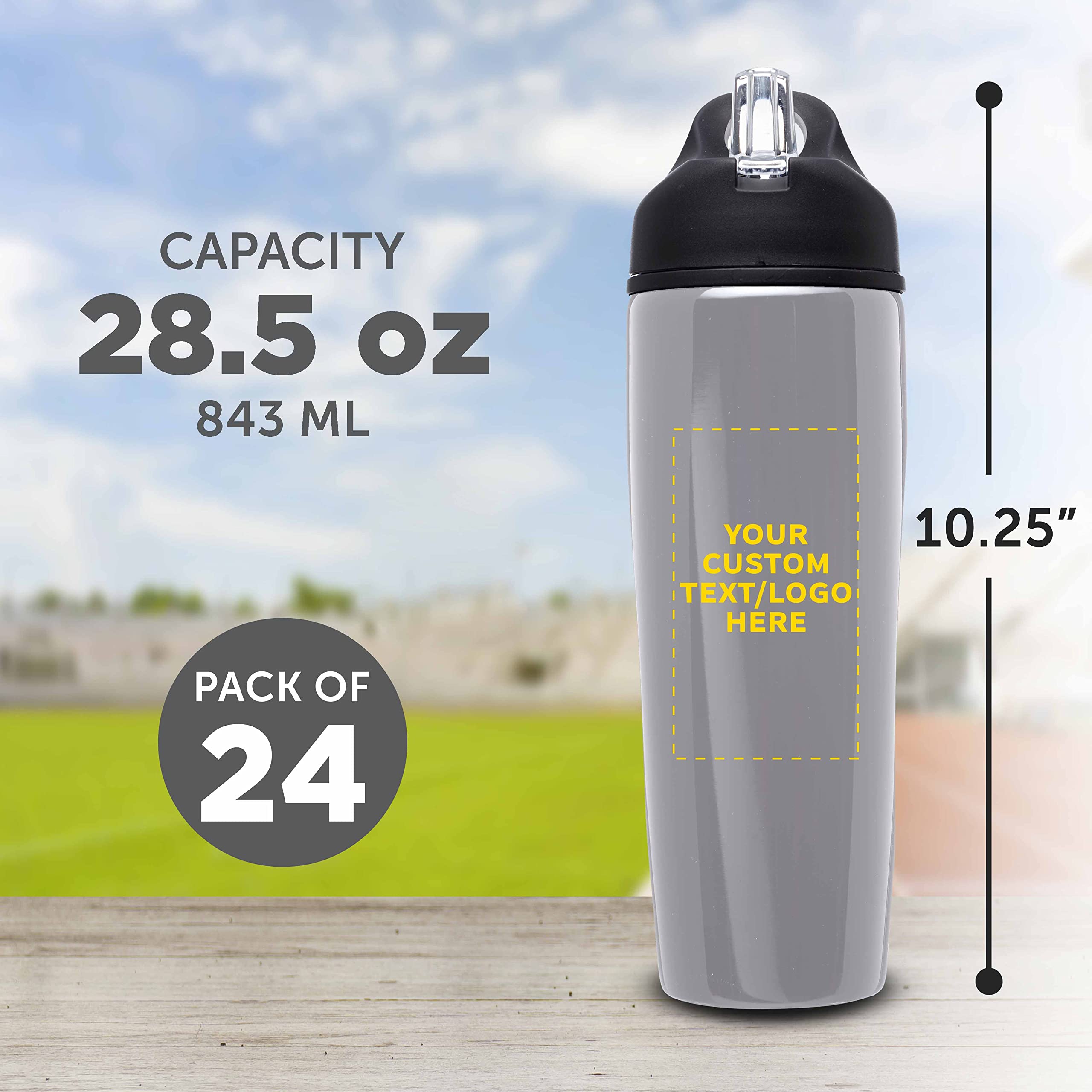 Custom Stainless Steel Water Bottle 24 Pack - Personalized Text & Logo - 28.5 oz Metal Sports Bottles with Flip Top Lid - Easy Carry Handle - Silver - Perfect for Team Sports, Gym, Outdoor Activities & Corporate Gifts