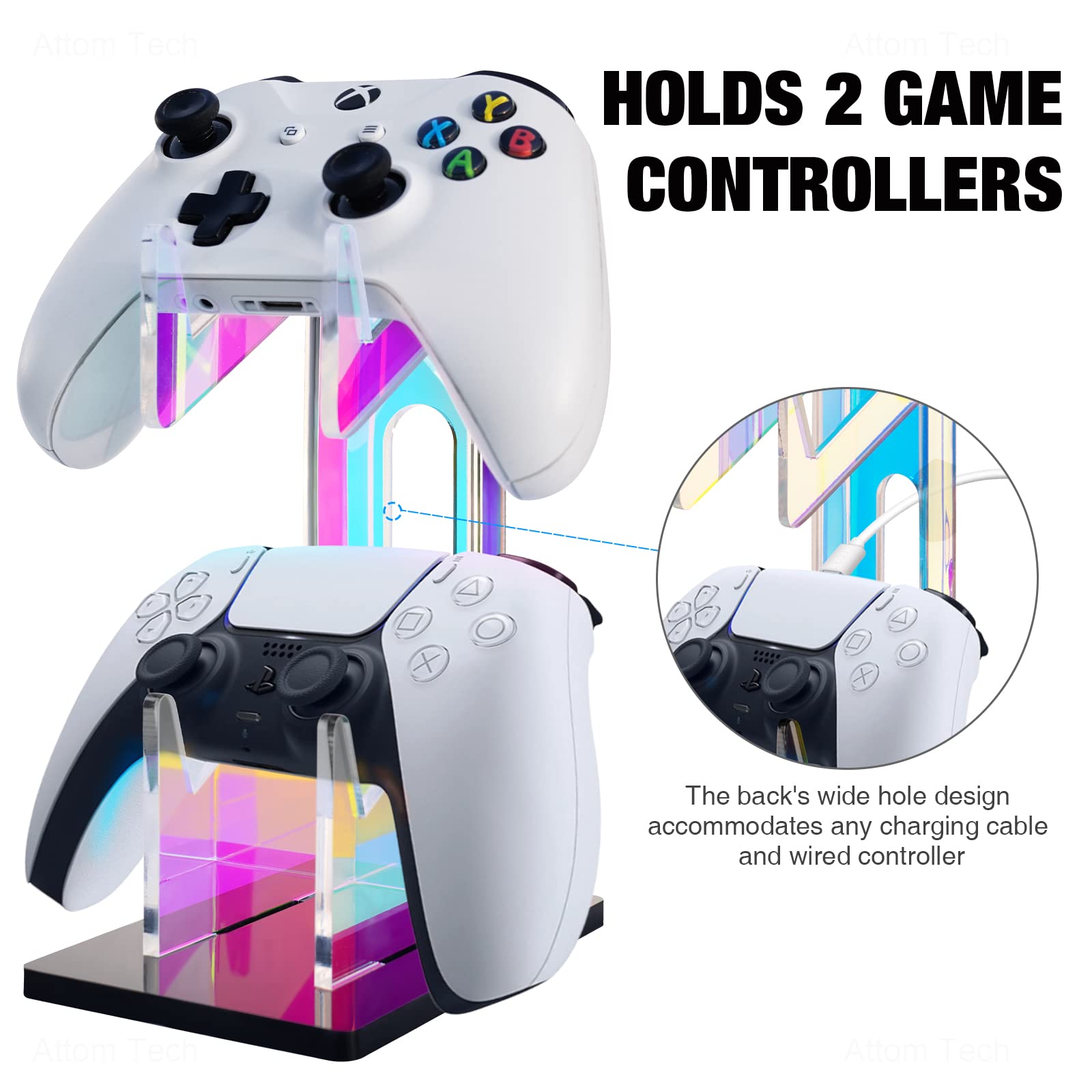 NiHome Iridescent Acrylic 2-Tier Universal Game Controller & Headset Holder Stand for PS5, Xbox ONE, Switch - Colorful Gaming Accessories with Anti-Slip Base | Perfect for Gaming Setup, Desk Organization & Displaying Controllers