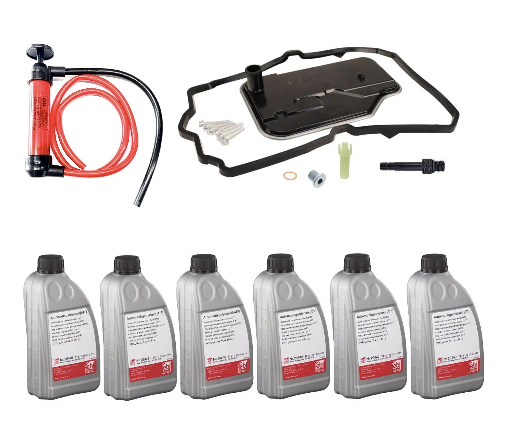 Mercedes Transmission Service Kit (2004-2010) - 6L Red ATF Fluid, Filter, Pump, Gasket & Pan Bolts for 7-Speed Automatic Transmission | DIY Car Maintenance & Repair Parts for W211 E-Class, W219 CLS-Class, W221 S-Class Models