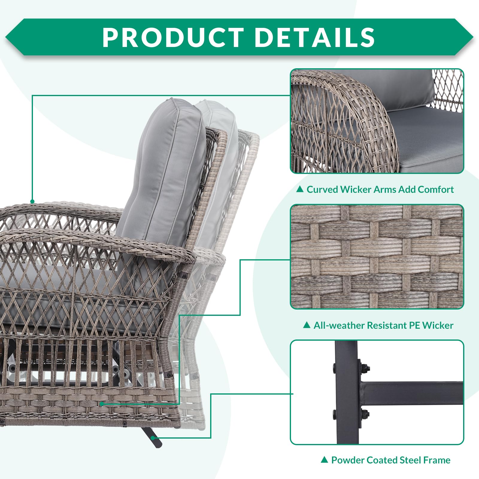 VIVIJASON 2-Piece Outdoor Wicker Glider Rocking Chair Set with Cushions - All-Weather Patio Rattan Swing Glider Chairs with Sturdy Steel Frame - Perfect for Garden, Backyard, Porch & Poolside Relaxation (Grey)