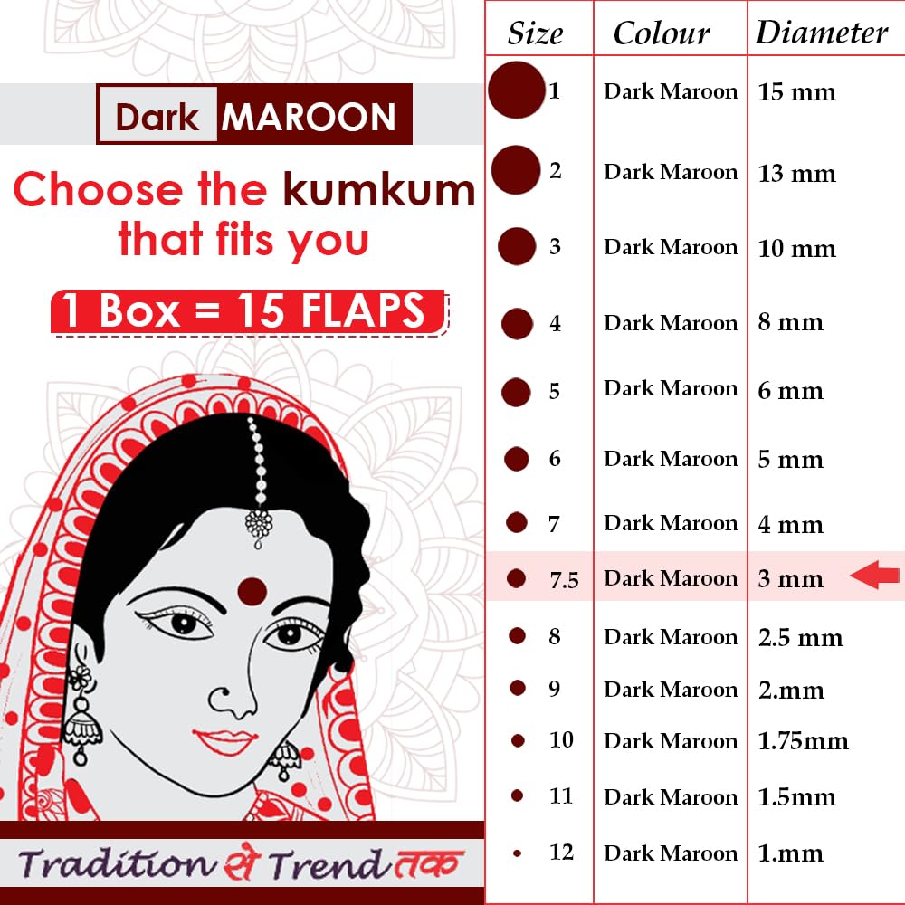 PERPAA Kumkum Dark Maroon Round Bindi Stickers for Women - Traditional Indian Forehead Decoration (7.5mm, 3mm Diameter) - Perfect for Weddings, Festivals & Cultural Events