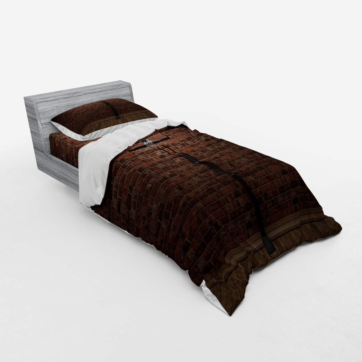 Ambesonne Basketball Duvet Cover Set - Old Brick Wall & Hoop Rim Design, 3-Piece Twin XL Bedding Set with Pillow Sham & Fitted Sheet, Brown | Perfect for Sports Fans, Teen Bedrooms & Basketball Themed Decor