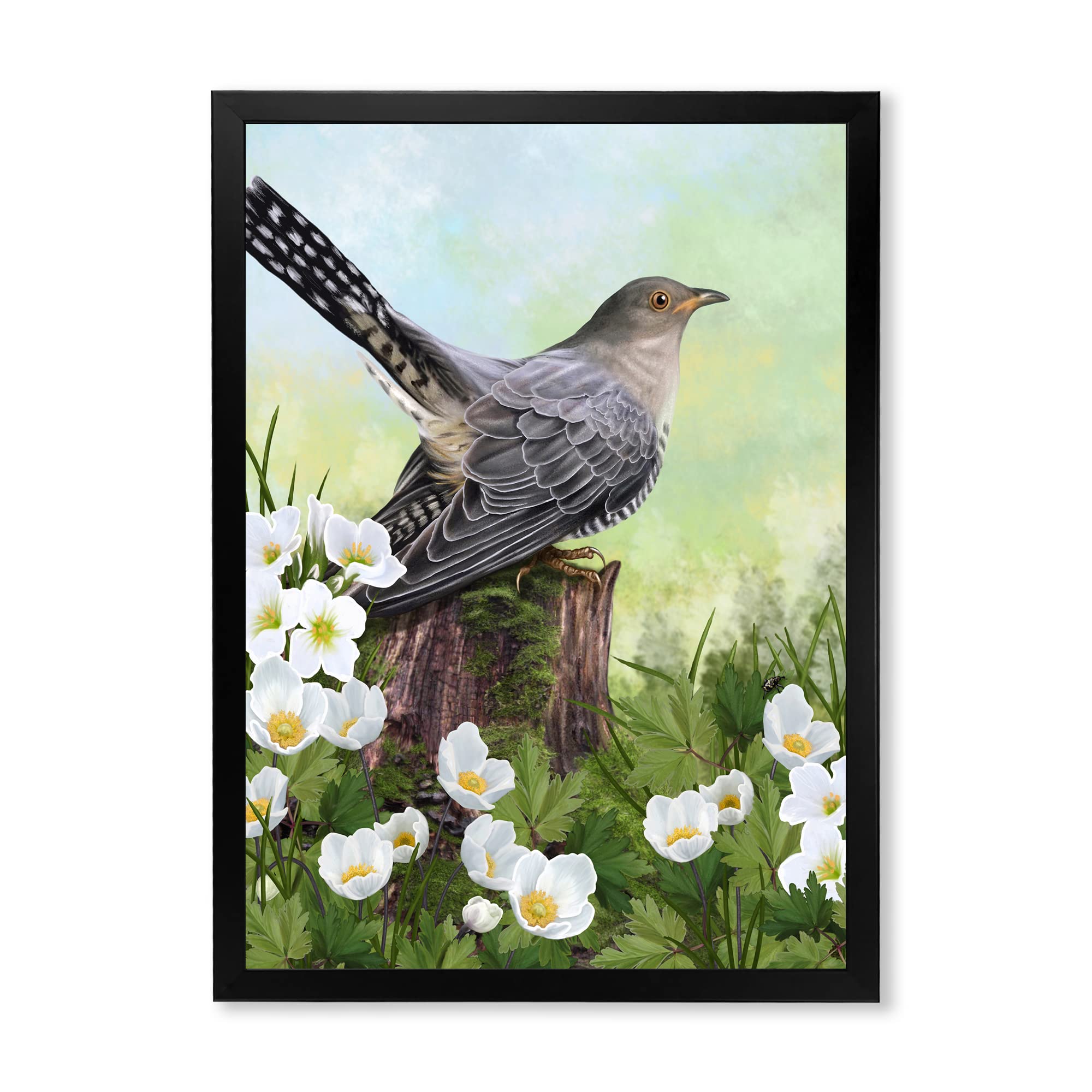 DesignQ Traditional Framed Wall Art - Vintage Cuckoo Bird on Old Stump Painting - Home & Office Decor for Living Room, Bedroom, Study