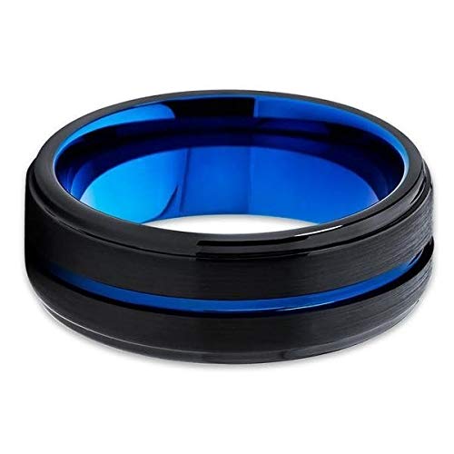 8mm Blue Tungsten Wedding Band for Men & Women - Black Tungsten Carbide Anniversary Ring with Comfort Fit - Unique Brush Finish Blue Tungsten Ring for Couples, Engagements & Special Occasions