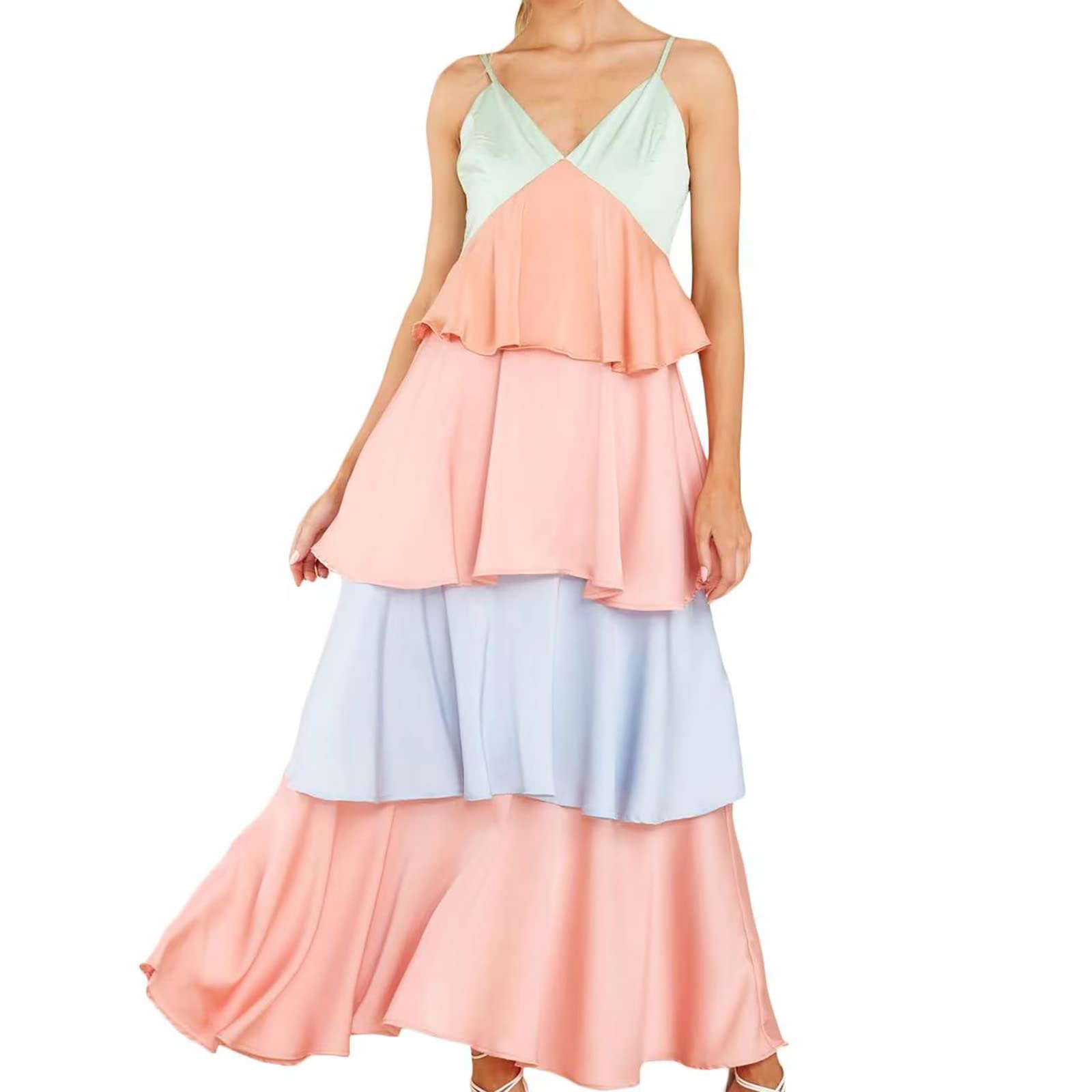 Women's Casual Spaghetti Strap V-Neck Color Block Tiered Maxi Dress - Summer Beach Party, Date Night & Vacation Outfit