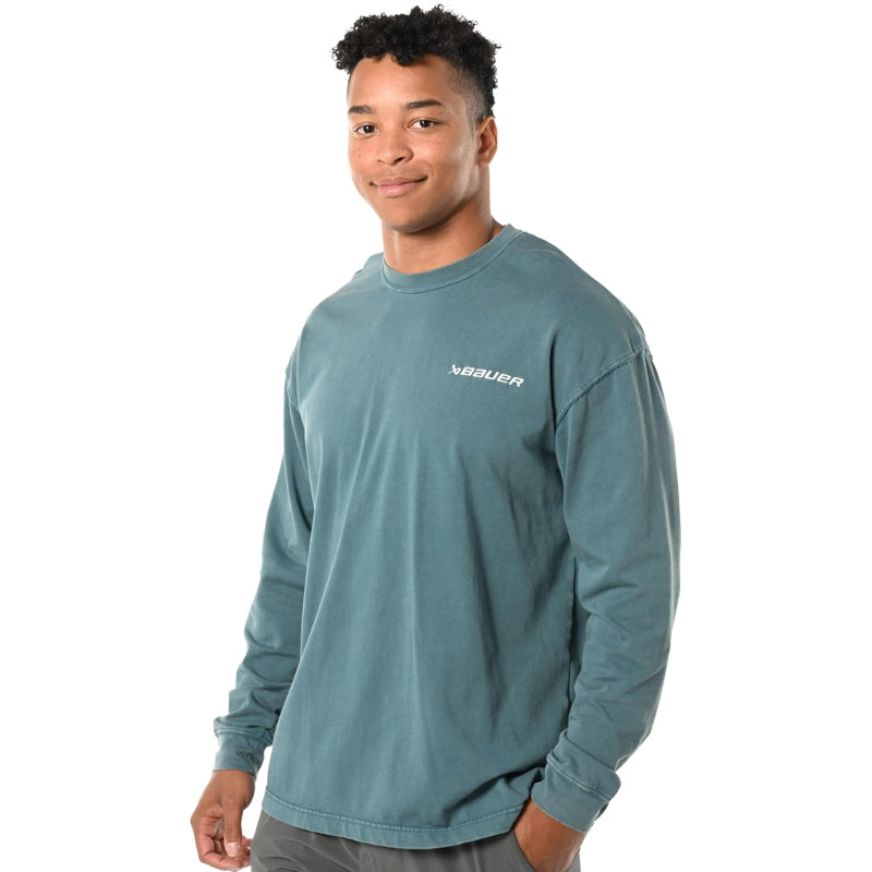 Bauer LS Acid Wash Tee for Men - Vintage Blue Long Sleeve Cotton Shirt - Casual Wear, Street Style, Everyday Comfort