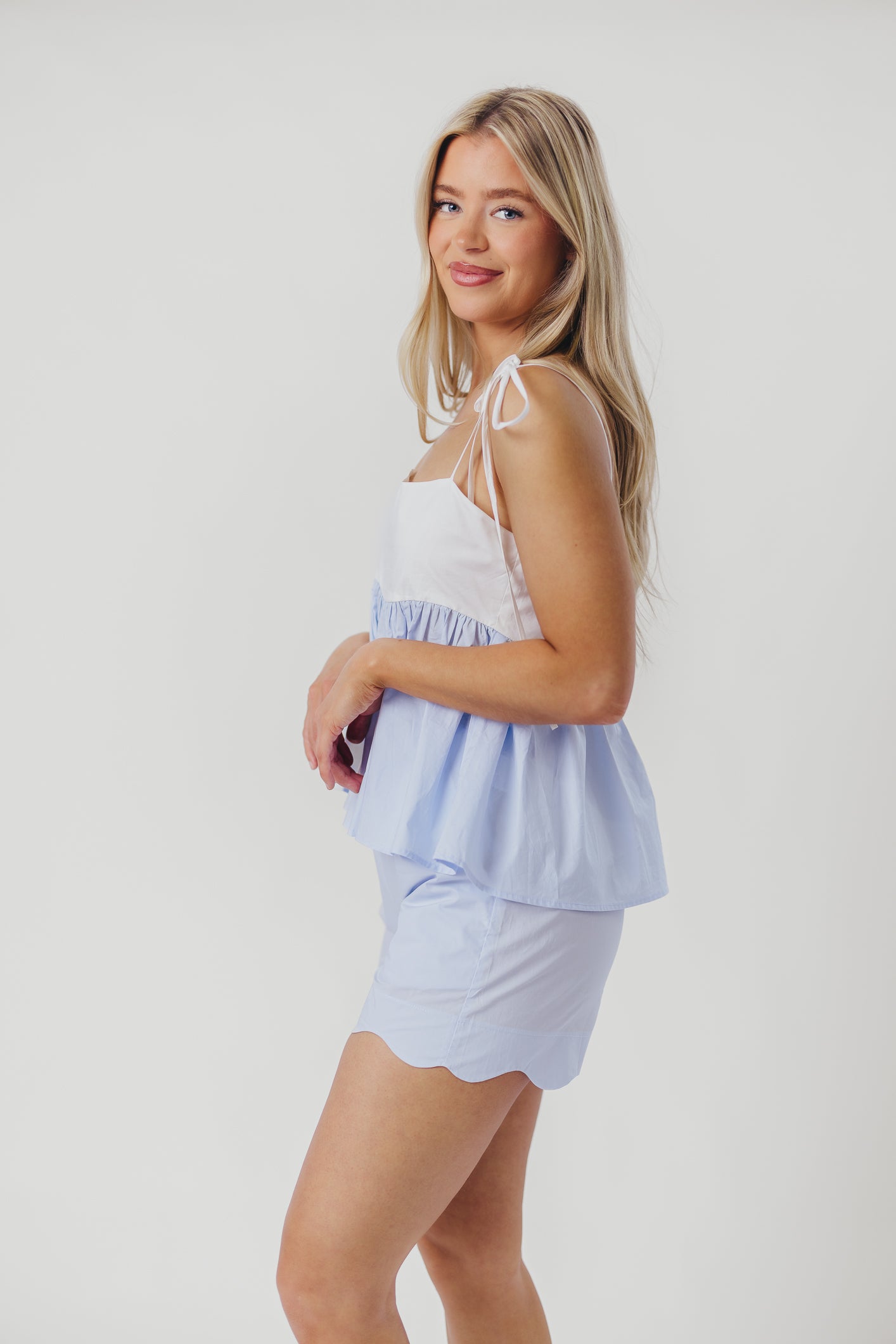 Women's Ricci Scallop Shorts - Trendy Blue High Waist Summer Shorts for Casual Outings & Beach Vacations
