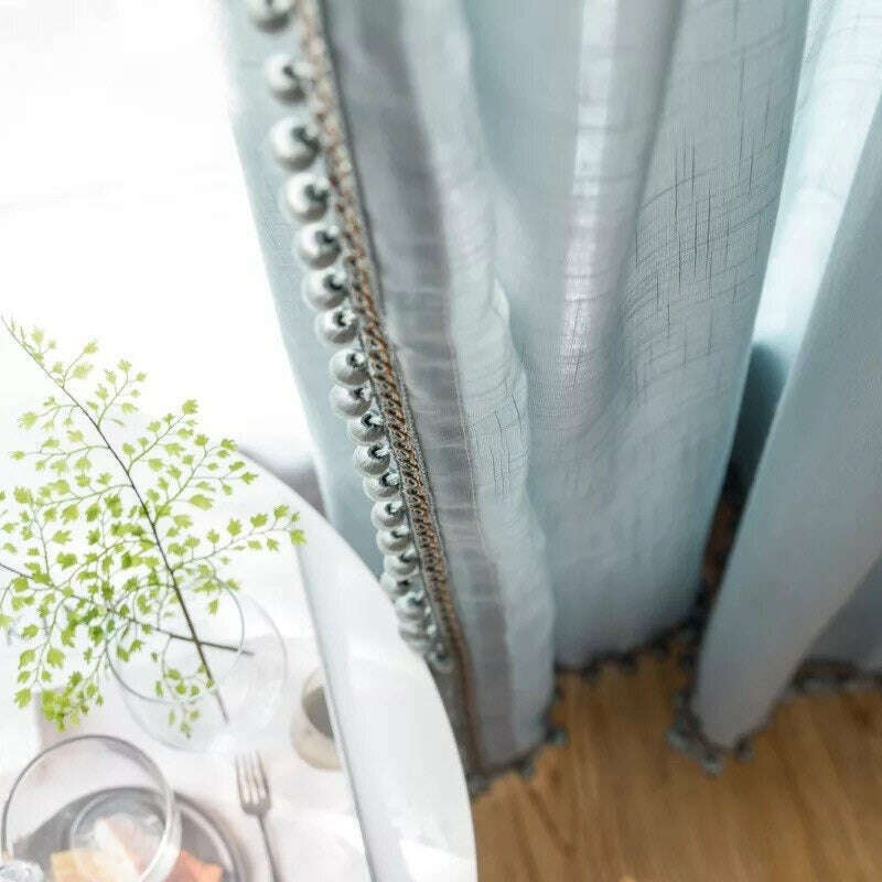 Rémy Linen Semi-Sheer Curtains with Pom Pom Lace Trim in Haze Blue - Light Filtering Window Treatment for Bedroom & Living Room
