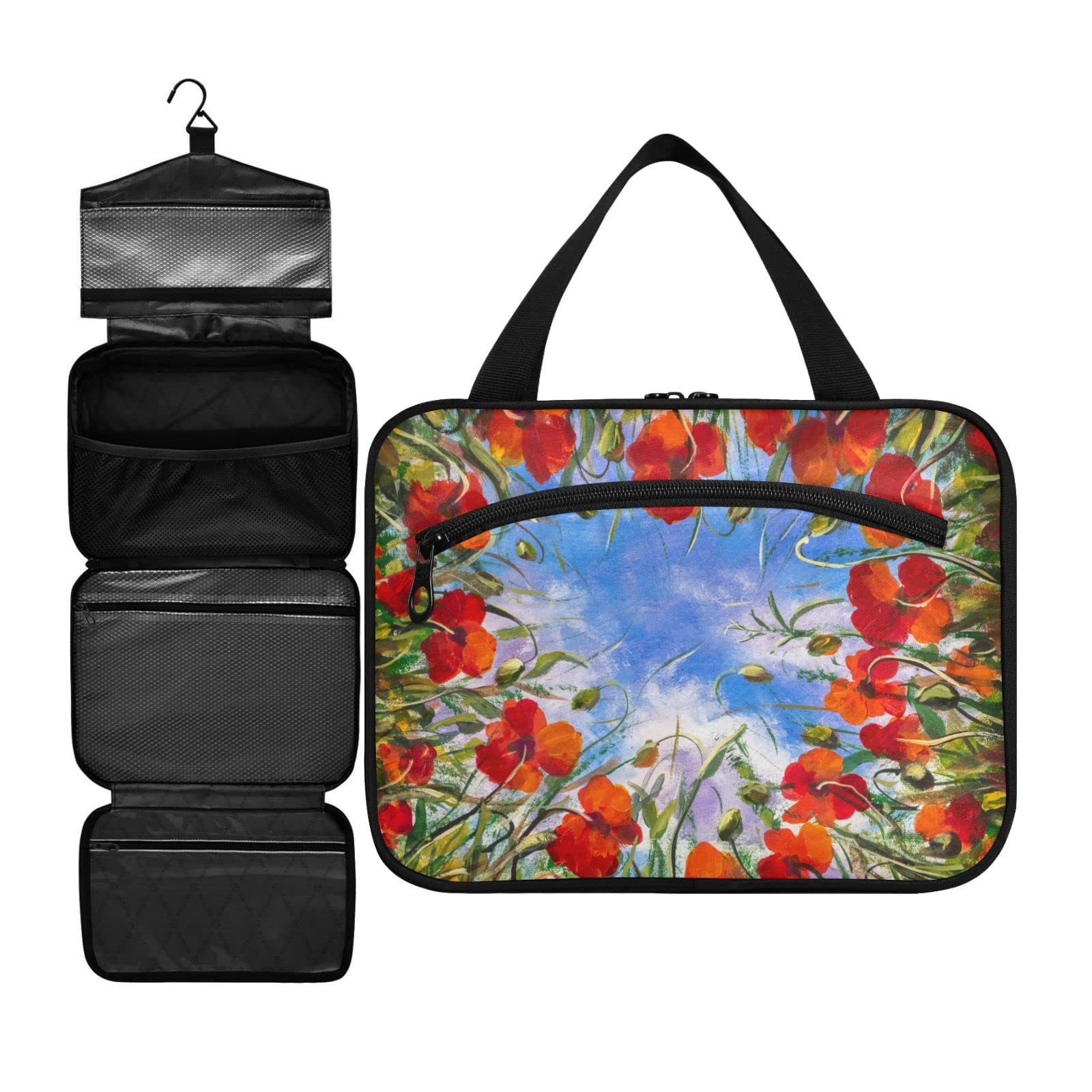 ZZKKO Floral Travel Toiletry Bag with Hook - Makeup Organizer for Women, Medium Multicolor - Perfect for Trips & Gym