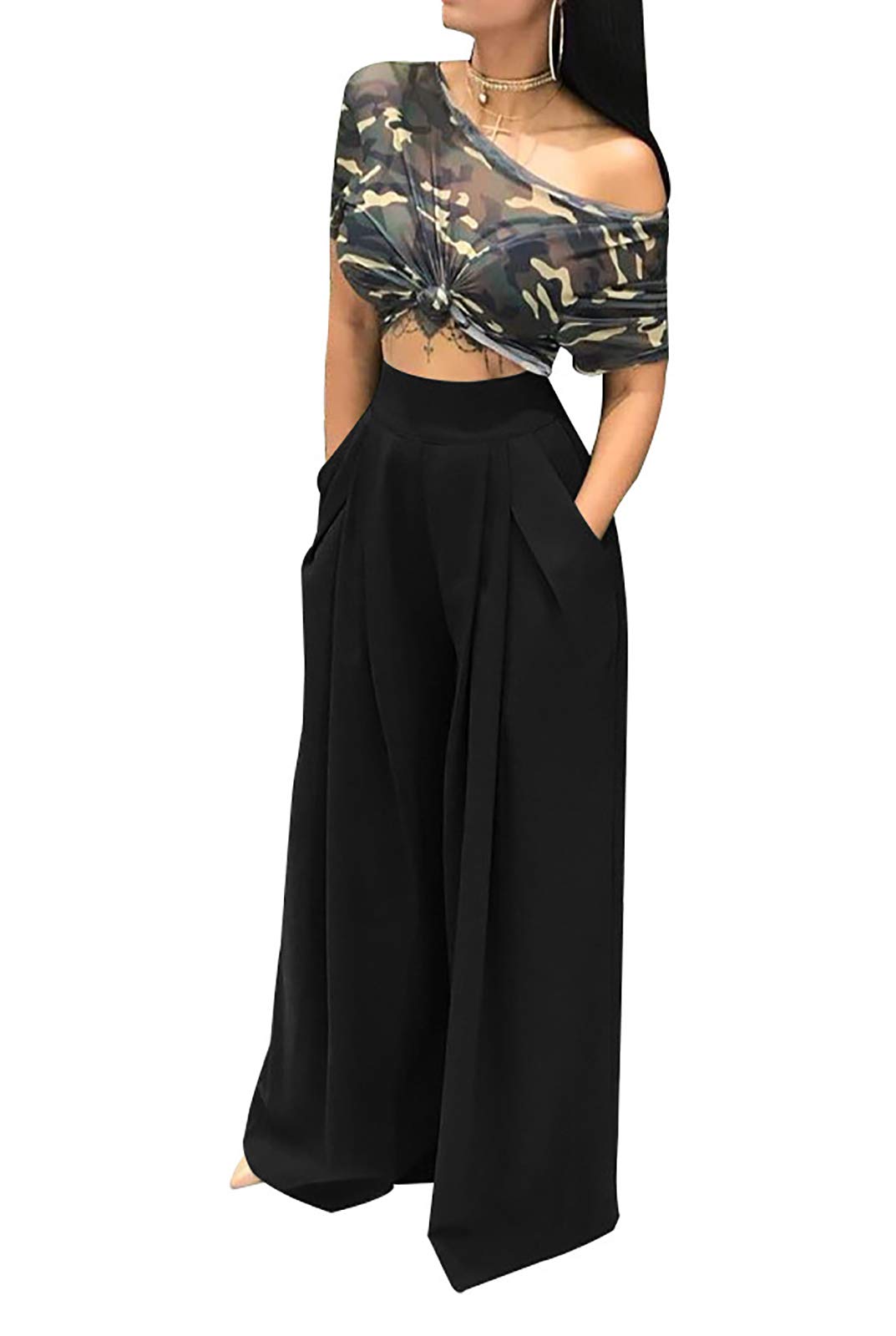 LKOUS Women's Casual Wide Leg High Waist Pleated Trousers - Loose Comfortable Long Pants for Work, Office & Everyday Wear