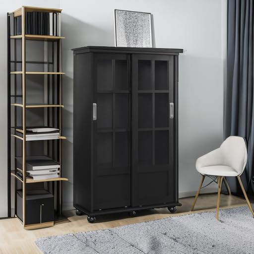 Ameriwood Home Aaron Lane Bookcase with Sliding Glass Doors - Black Wooden Bookshelf for Living Room, Office & Bedroom Storage Organization