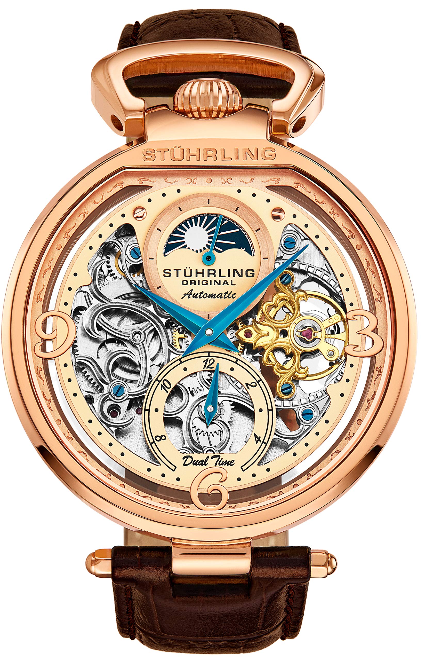 Stuhrling Original Men's Automatic Self-Winding Watch with Skeleton Dial, Dual Time, AM/PM Sun Moon Display & Leather Band - 127A2 Series - Perfect for Business, Casual Wear & Gift Giving