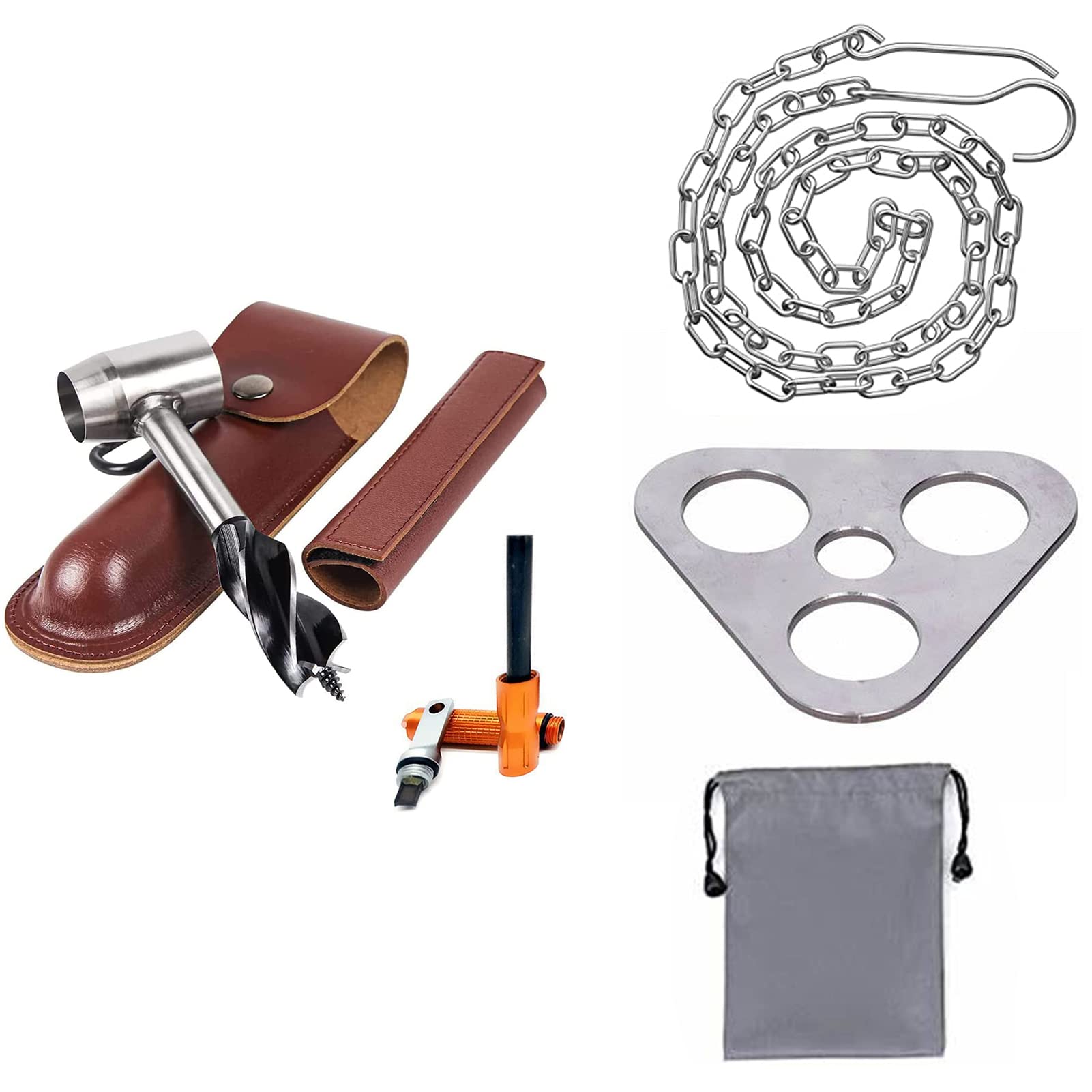 Bushcraft Survival Gear Set - Hand Auger Wrench with Leather Case, Flint Fire Starter, Camping Tripod & Adjustable Cookware Chain - Perfect for Camping, Hiking & Outdoor Adventures