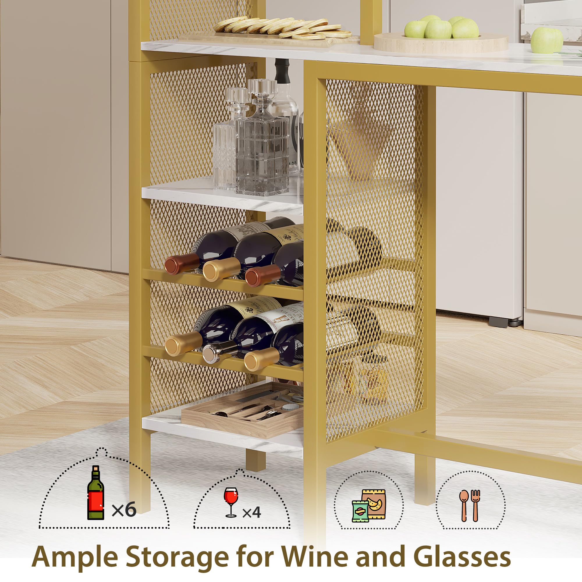 VECELO 3-Piece Bar Table and Chairs Set with Storage Shelves, Cup Holder & Wine Rack - PU Leather Cushion Stools for Small Space Kitchen, Gold - Perfect for Breakfast Nook, Apartment Balcony or Compact Dining Area