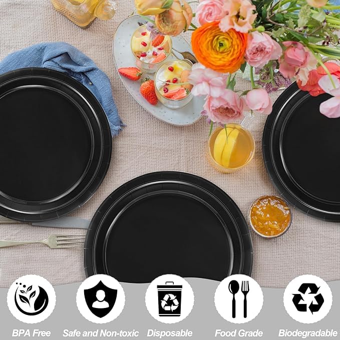 PRETTY UR PARTY 9 Inch Black Biodegradable Paper Plates - Pack of 20 | Eco-Friendly Disposable Round Party Plates for Cakes, Desserts, Snacks & Fruits | Perfect for Birthday Parties, Picnics & Family Gatherings