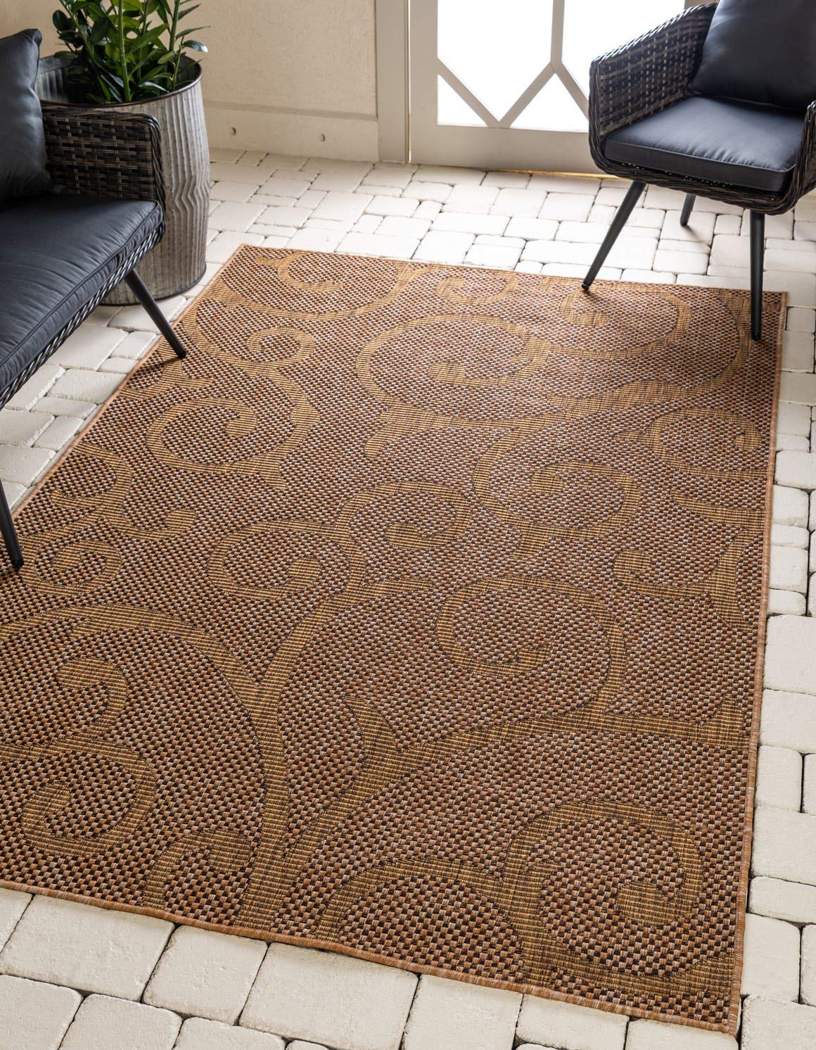 Unique Loom Outdoor Botanical Vine Area Rug 9'x12' Rectangle - Light Brown/Brown Indoor Outdoor Rug for Patio, Deck & Garden Decor