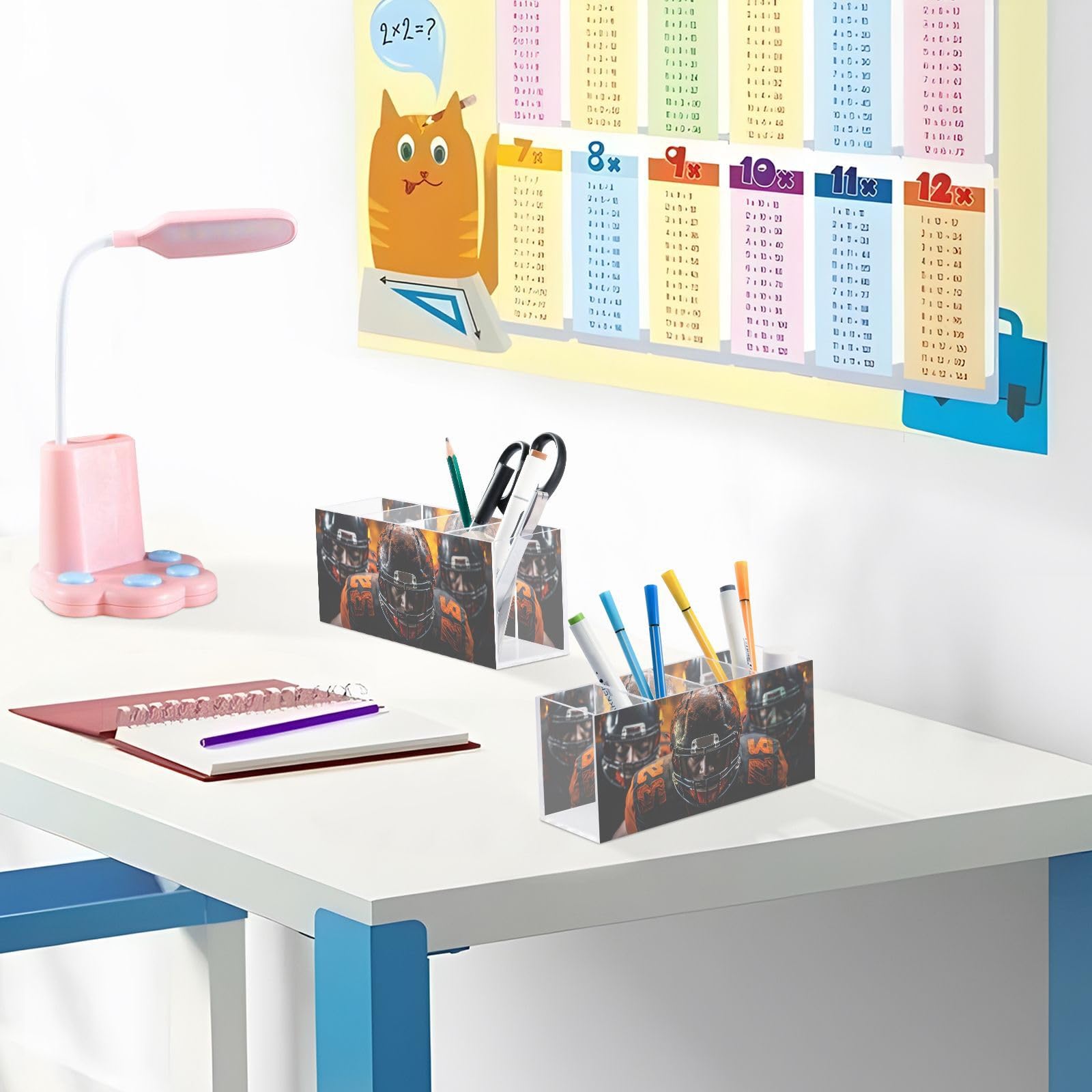 PDZRMY Acrylic Pen Holder with American Football Players Design - 4 Compartment Pencil Organizer, Brush & Utensil Cup - Personalized Pattern Desktop Organizer for Office, School, and Home Decor
