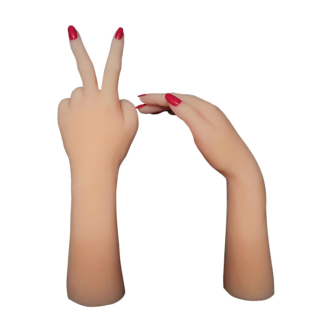 ZHY 1 Pair Lifelike Silicone Female Mannequin Hands - Bendable Fingers for Jewelry, Sandals, Shoes & Sock Display - Reusable Skin Tone Mannequin Hands with Red Nails - Perfect for Retail Stores, Photography Props & Art Sketching