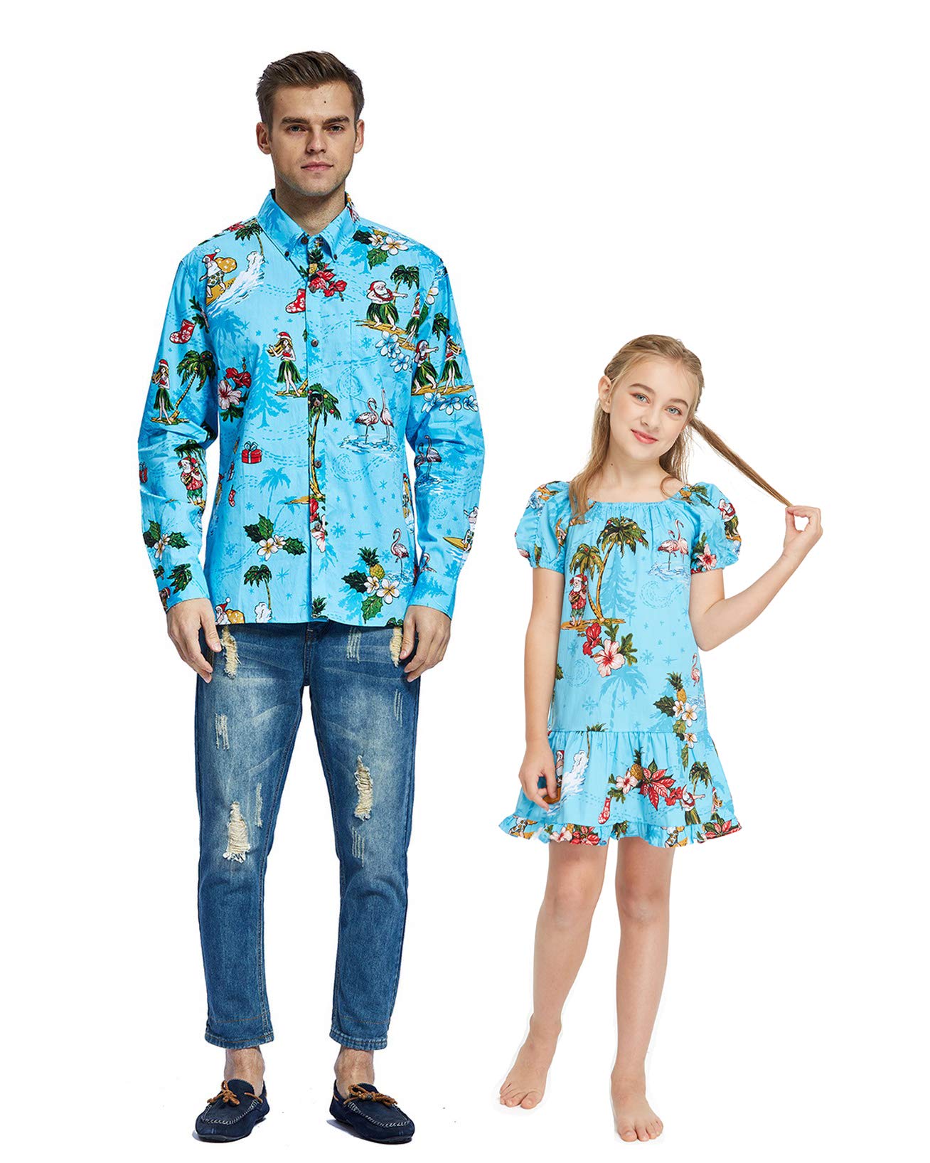 Father Daughter Matching Hawaiian Luau Shirts - Long Sleeve Aloha Shirt & Muumuu Dress Set for Christmas, Family Vacation, Beach Party and Tropical Themed Events