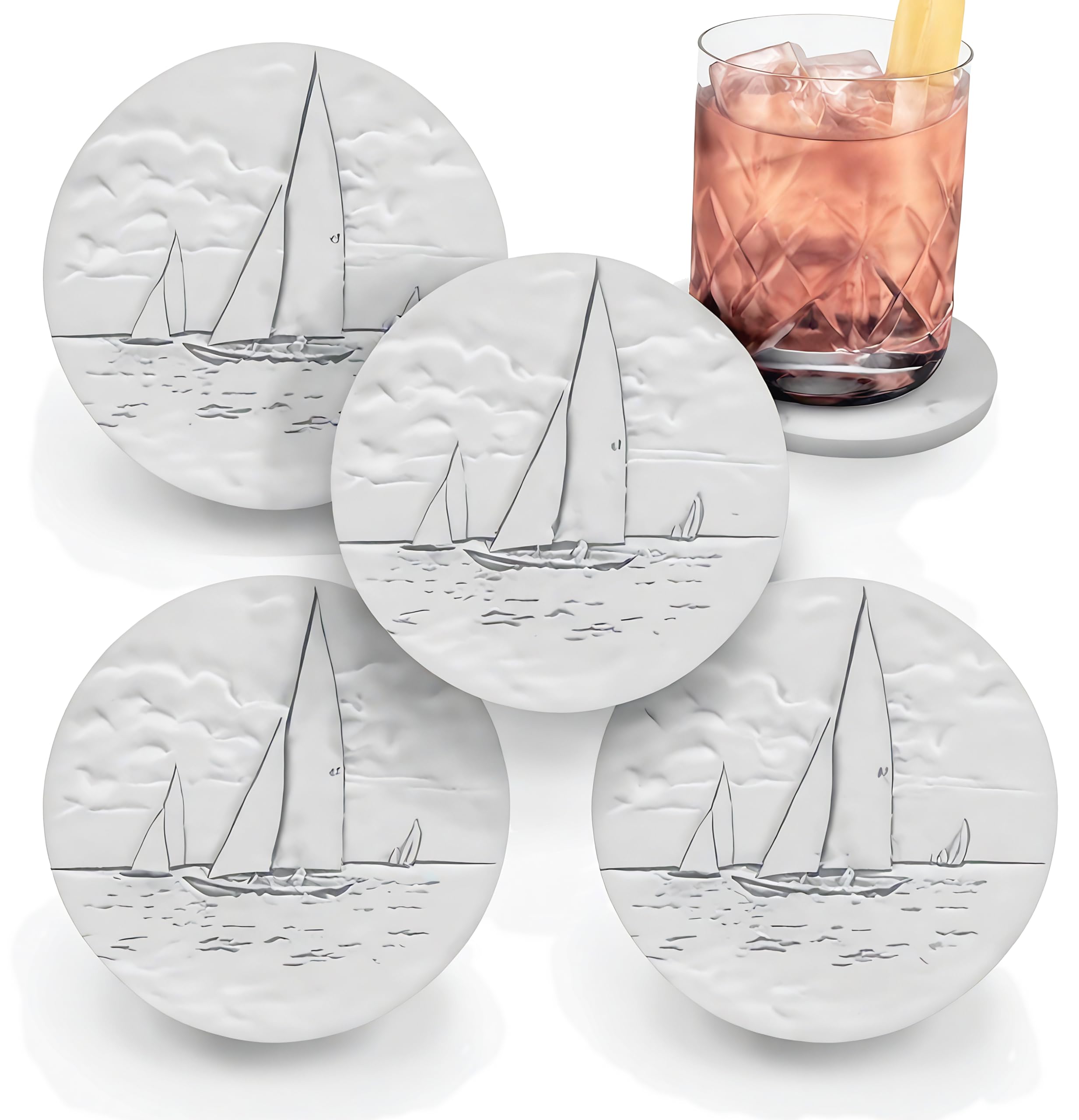 Sailboat Absorbent Drink Coasters Set of 4 - Non-Slip Cork Backing for Coffee, Beer & Wine - Perfect for Nautical Home Decor, Boat Parties & Summer Entertaining