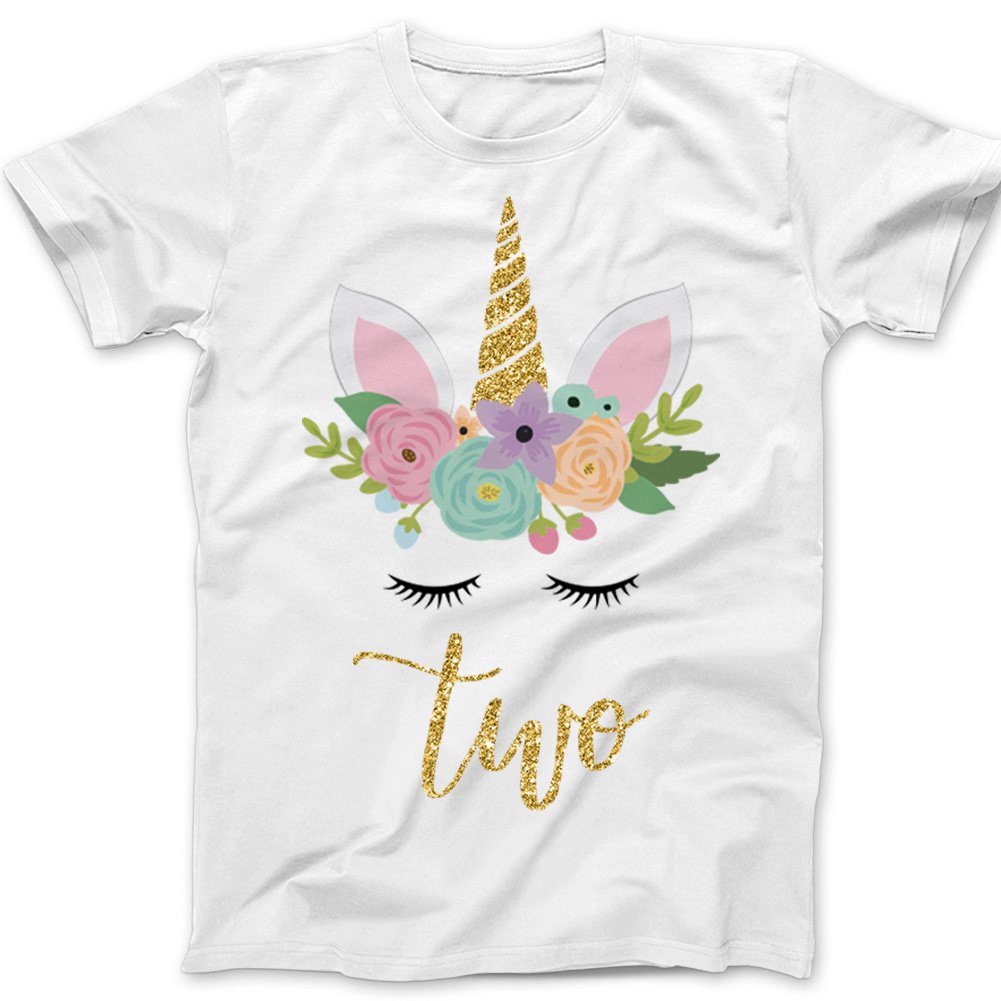 2nd Birthday Unicorn Glitter T-Shirt for Girls - Sparkling Unicorn Face Design for Toddler Birthday Party Outfits & Photo Shoots