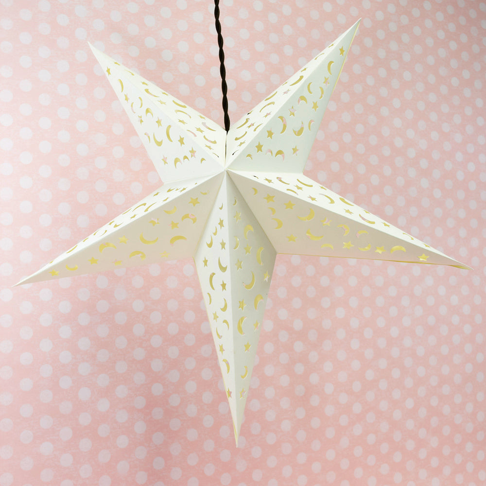 24-Pack White Star Moon Cut Out Paper Lanterns - Hanging Wedding, Party & Home Decorations for Indoor & Outdoor Celebrations