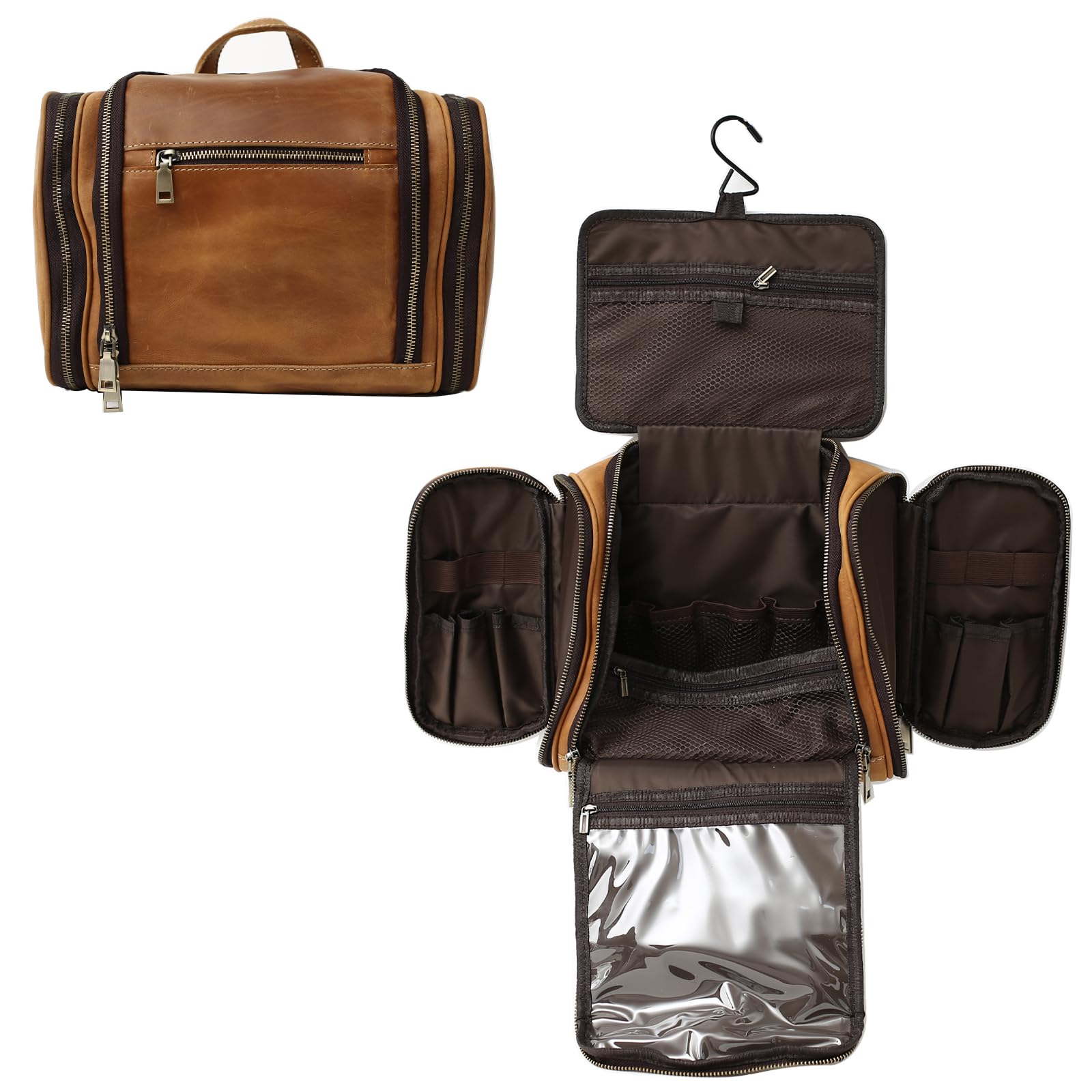 Premium Genuine Leather Hanging Toiletry Bag for Men & Women - Personalized Travel Shaving Kit & Dopp Kit Organizer - Ideal for Groomsmen Gifts, Wedding Presents & Business Travel - Perfect for Camping, Gym & Vacation (Brown)
