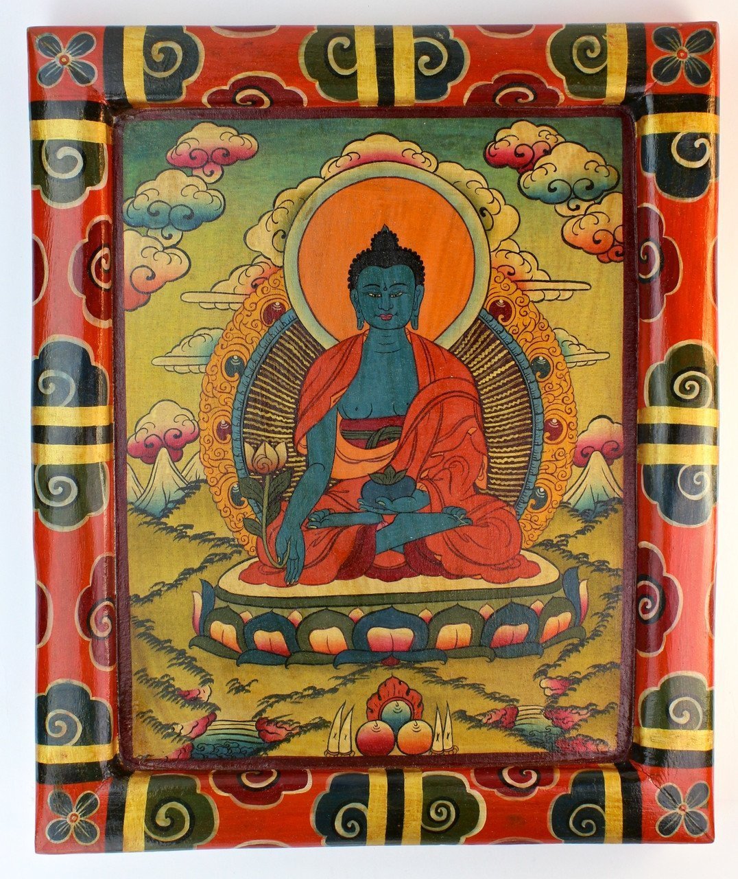Hand Painted Wooden Medicine Buddha Thangka Wall Art - Traditional Tibetan Buddhist Decor for Home, Meditation Room & Spiritual Healing Space