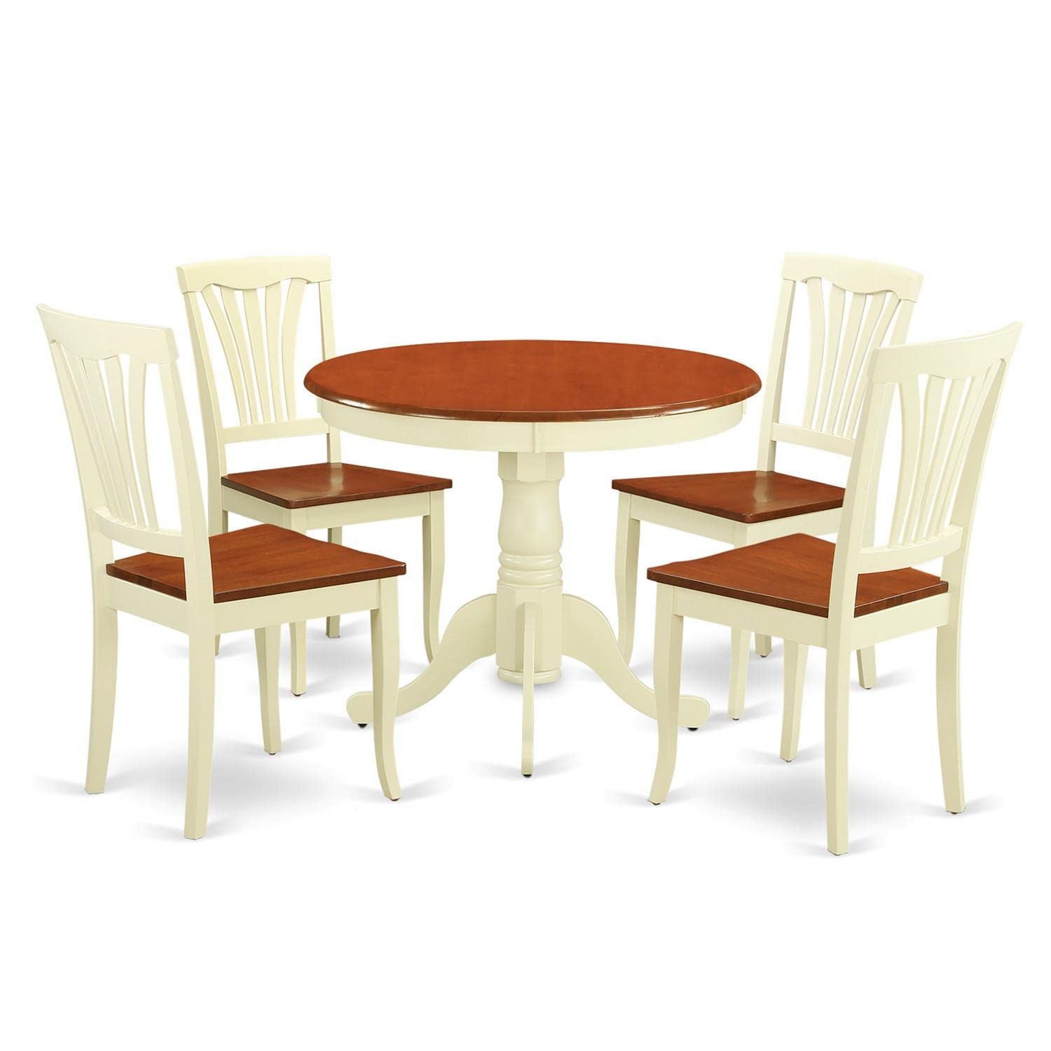 East West Furniture ANAV5-WHI-W 5-Piece Round Dining Table Set with Pedestal Base & 4 Upholstered Chairs, 36x36 Inch, Buttermilk & Cherry Finish - Perfect for Small Kitchen, Breakfast Nook, or Apartment Dining Area