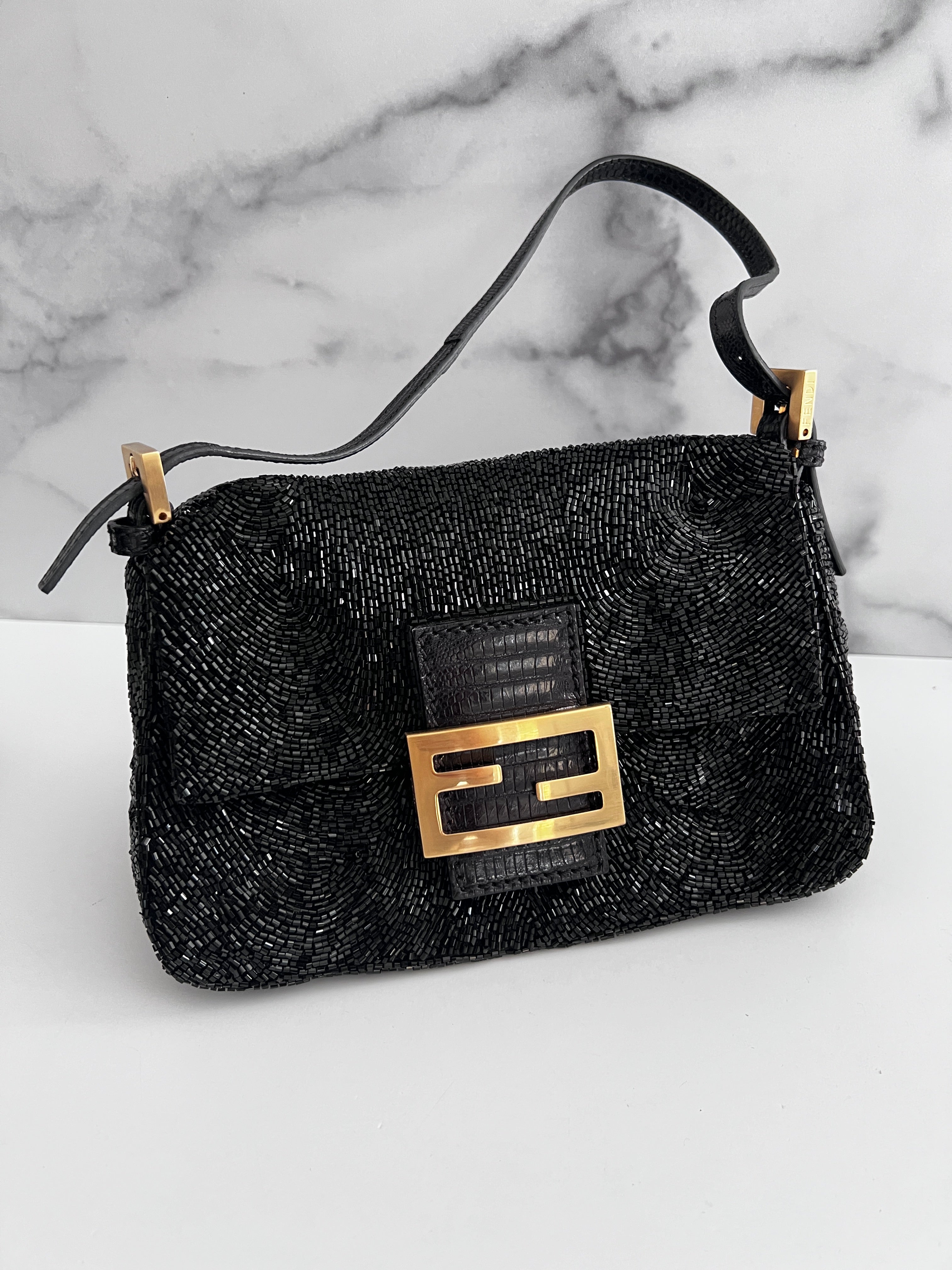 Fendi Black Beaded Mini Mamma Baguette Handbag - Genuine Lizard Skin Trim Luxury Crossbody Purse for Women | Perfect for Evening Parties, Date Nights & Special Occasions