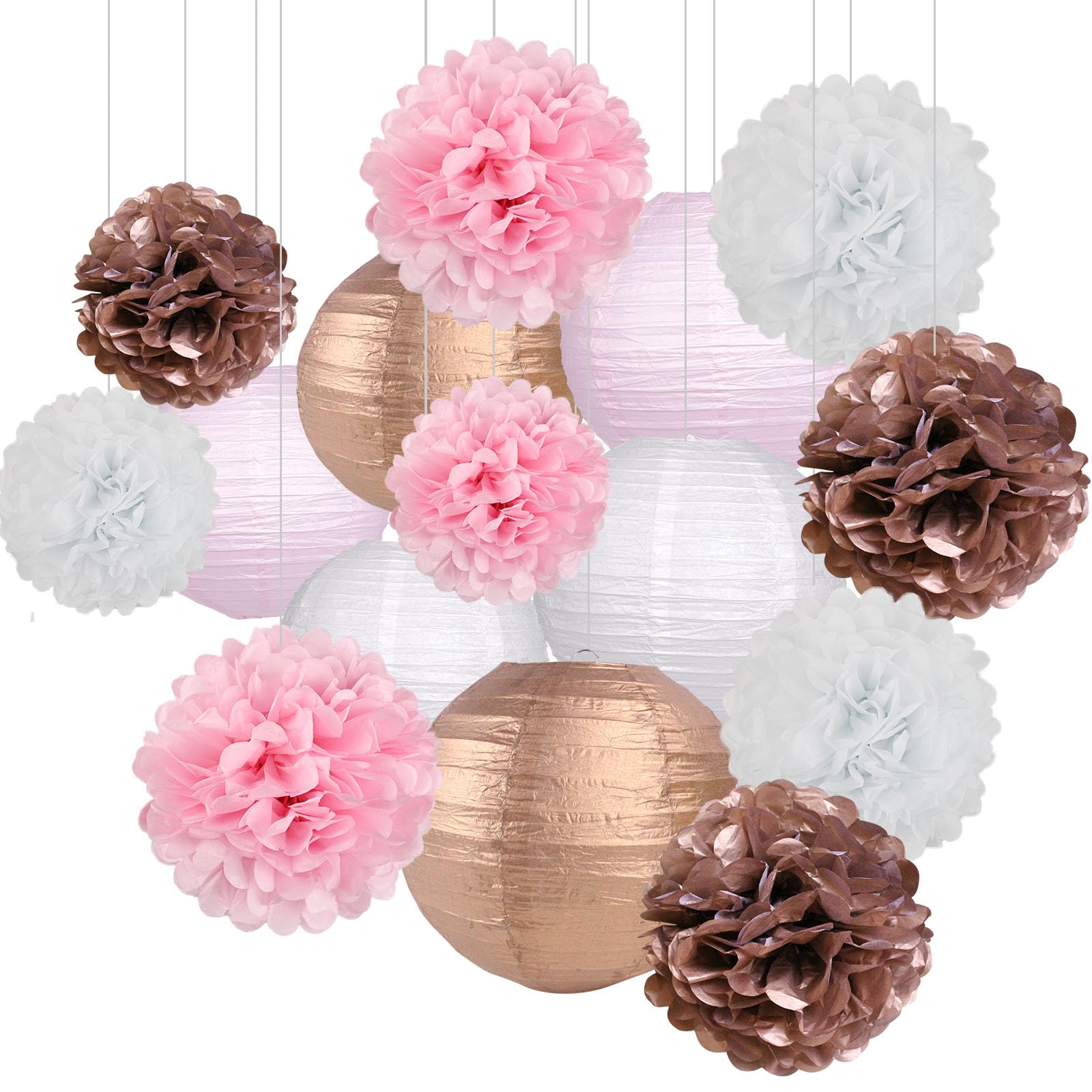 15PCS Rose Gold Party Decorations Set - Pink Rose Gold Paper Lanterns & Pom Poms Flowers for Birthday, Bridal Shower, Bachelorette Party | Perfect for Wedding, Baby Shower & Anniversary Decorations