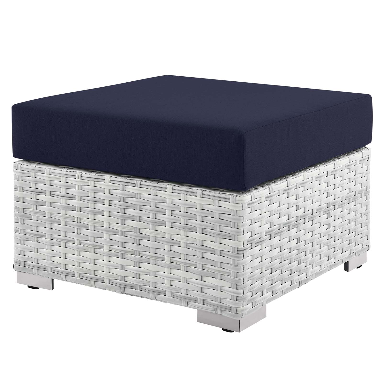 Modern Grey Blue Navy Rattan Wicker Lounge Chair Ottoman for Outdoor Patio, Balcony, Cafe, Bistro, and Garden Relaxation