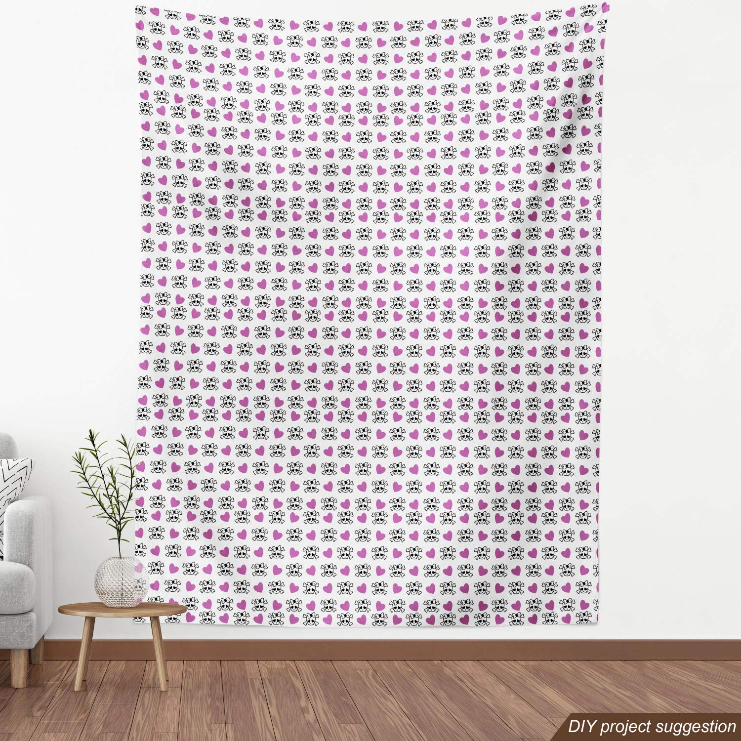 Ambesonne Teen Fabric by The Yard - Funky Girlish Emo Skull with Bowknots, Bones & Hearts Pattern - 1 Yard Violet Black White Decorative Fabric for Upholstery, DIY Crafts, Bedding & Home Decor
