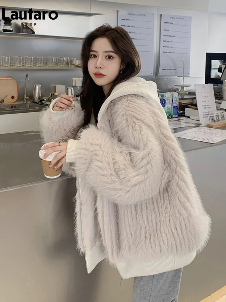 2022 Korean Fashion Women's Faux Fur Coat - Soft Warm Shaggy Hooded Long Sleeve Zip Up Jacket for Autumn Winter Casual Wear | Perfect for Outdoor Activities, Street Style & Cold Weather Fashion