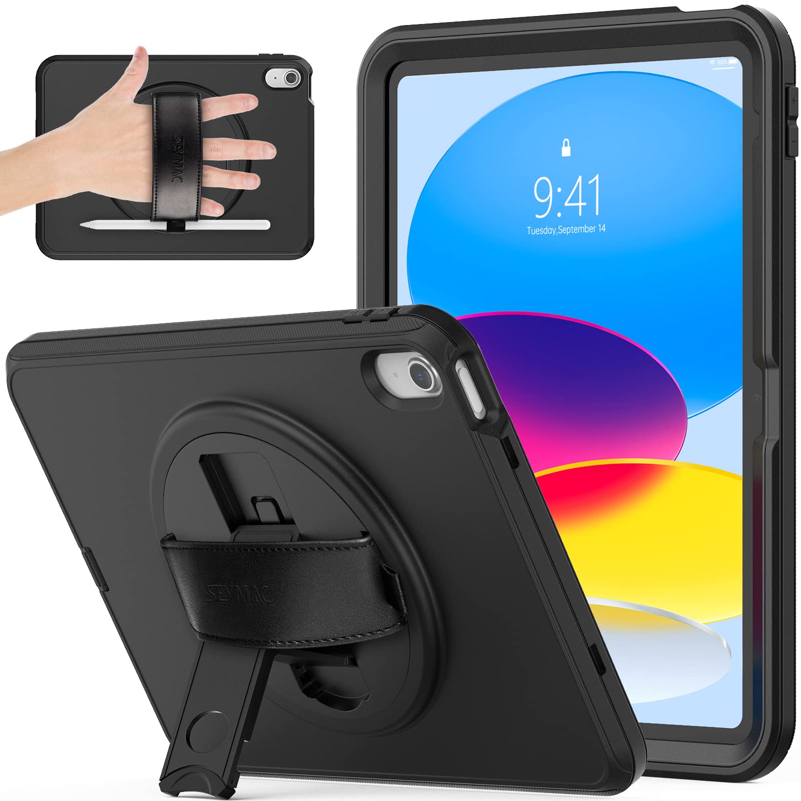 SEYMAC 360° Rotating Stand Case for iPad 10th Generation 10.9 Inch (2022 Model) - Full Body Protective Cover with Hand Strap, Pencil Holder & Touch ID Support - Perfect for Work, School & Travel (Black)