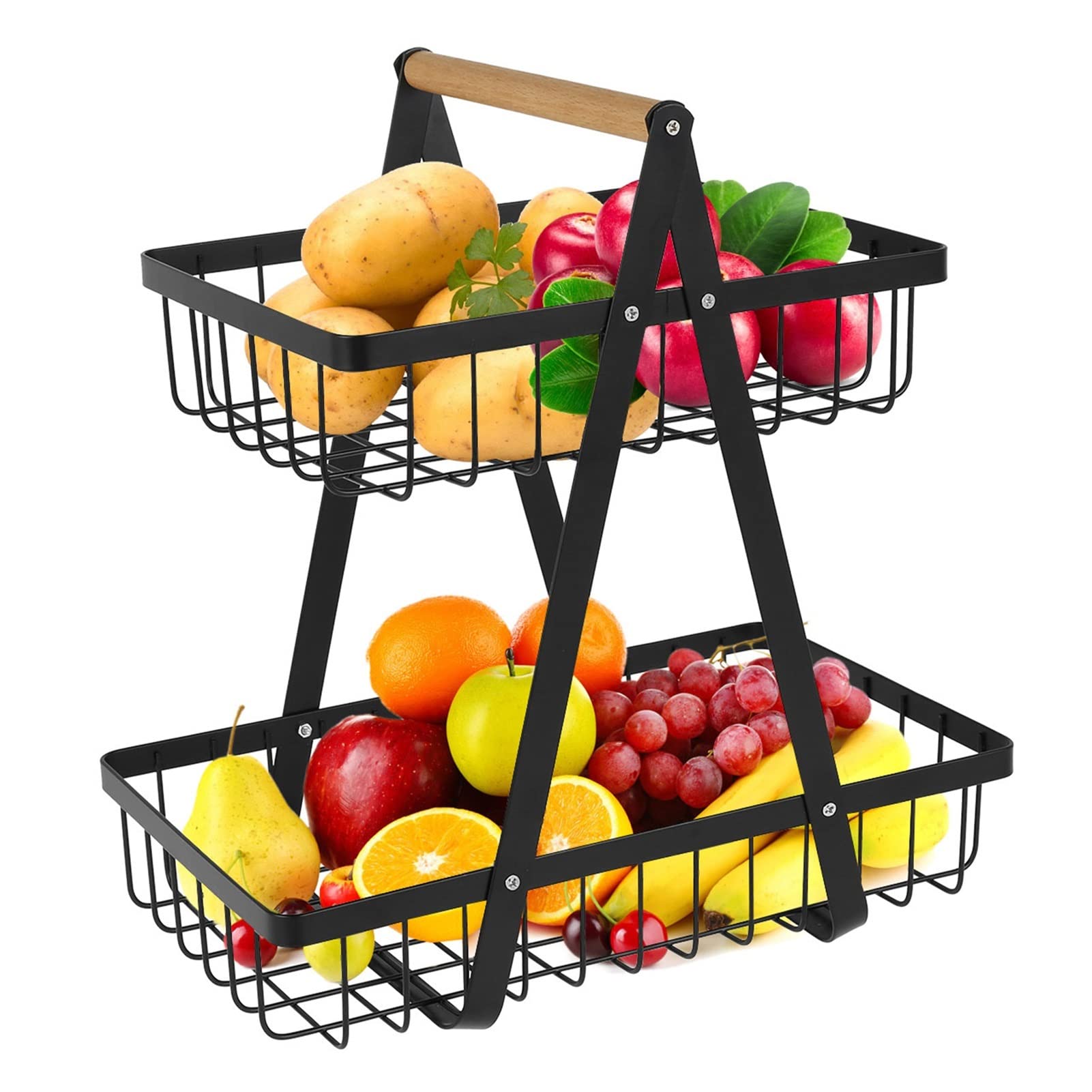 2-Tier Metal Fruit Basket - Portable Countertop Storage Shelf for Fruits, Vegetables, Snacks & Bread - Detachable Kitchen Organizer (Black) - Perfect for Kitchen Counter, Pantry & Dining Table Display