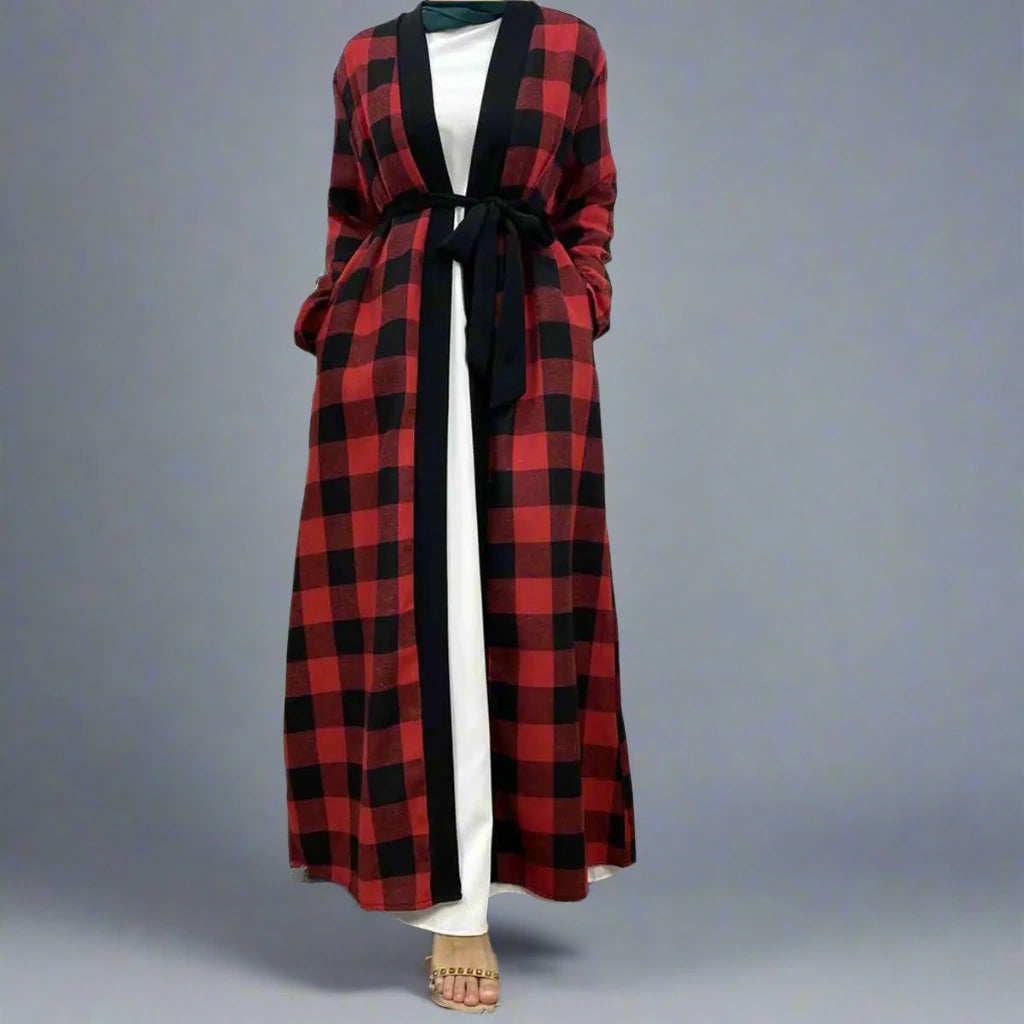 Stylish Muslim Women Plaid Open Abaya Dress - Modest Islamic Prayer Dress for Home, Mosque & Special Occasions