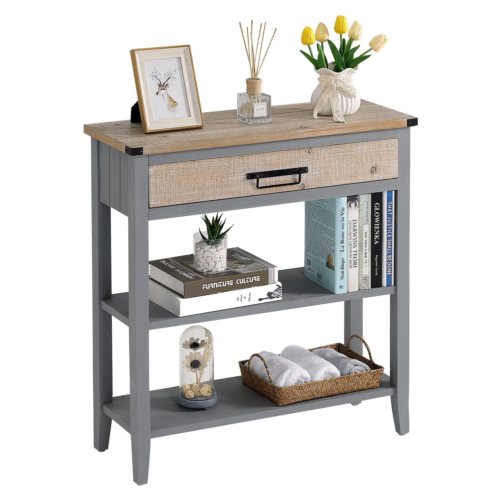 Rustic Farmhouse Console Table with Drawer - 3-Tier Entryway Table with Open Storage Shelves & Handmade Metal Handle - Narrow Sofa Table for Living Room, Hallway, Foyer - Perfect for Small Spaces & Home Decor (Grey)