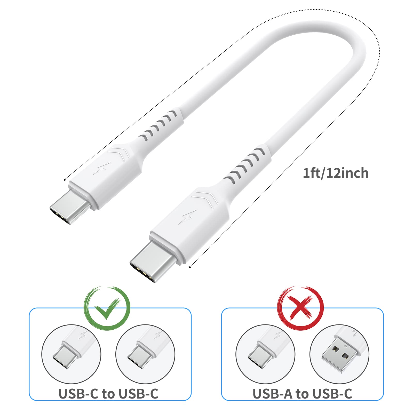 3-Pack 1FT USB C to USB C Fast Charging Cable - PD Compatible Type C Cable for Samsung Galaxy S22/S21/S9/A12/A13/Note 8/9, iPad Pro, Pixel 6, Moto G - Perfect for Travel, Home & Office Charging (White)