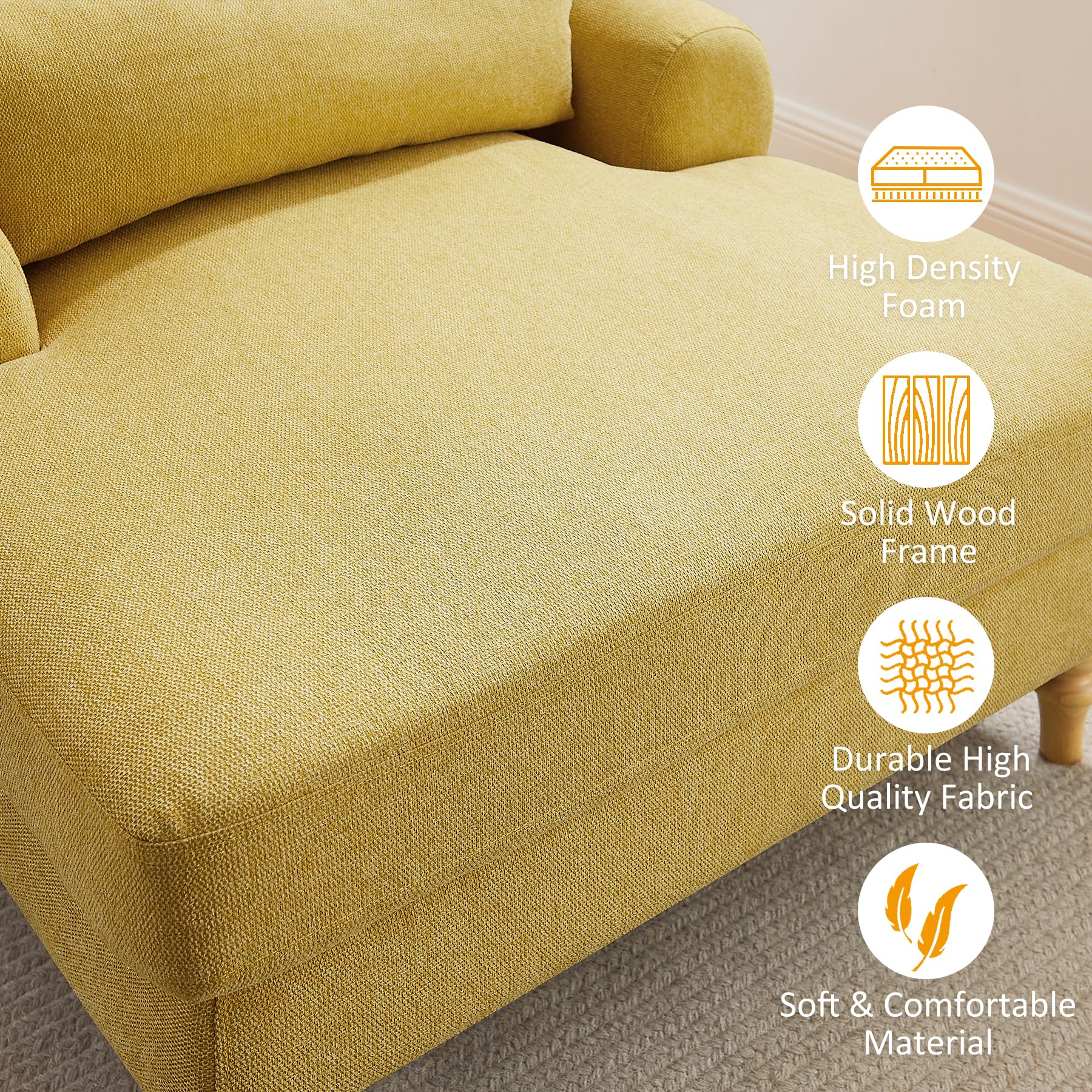 Adjustable Chaise Lounge Chair - Modern Upholstered Recliner Sofa for Indoor Use | Sleeper Chair for Bedroom, Living Room, Study & Office | Yellow Leisure Furniture | Perfect for Relaxing, Napping & Small Space Living