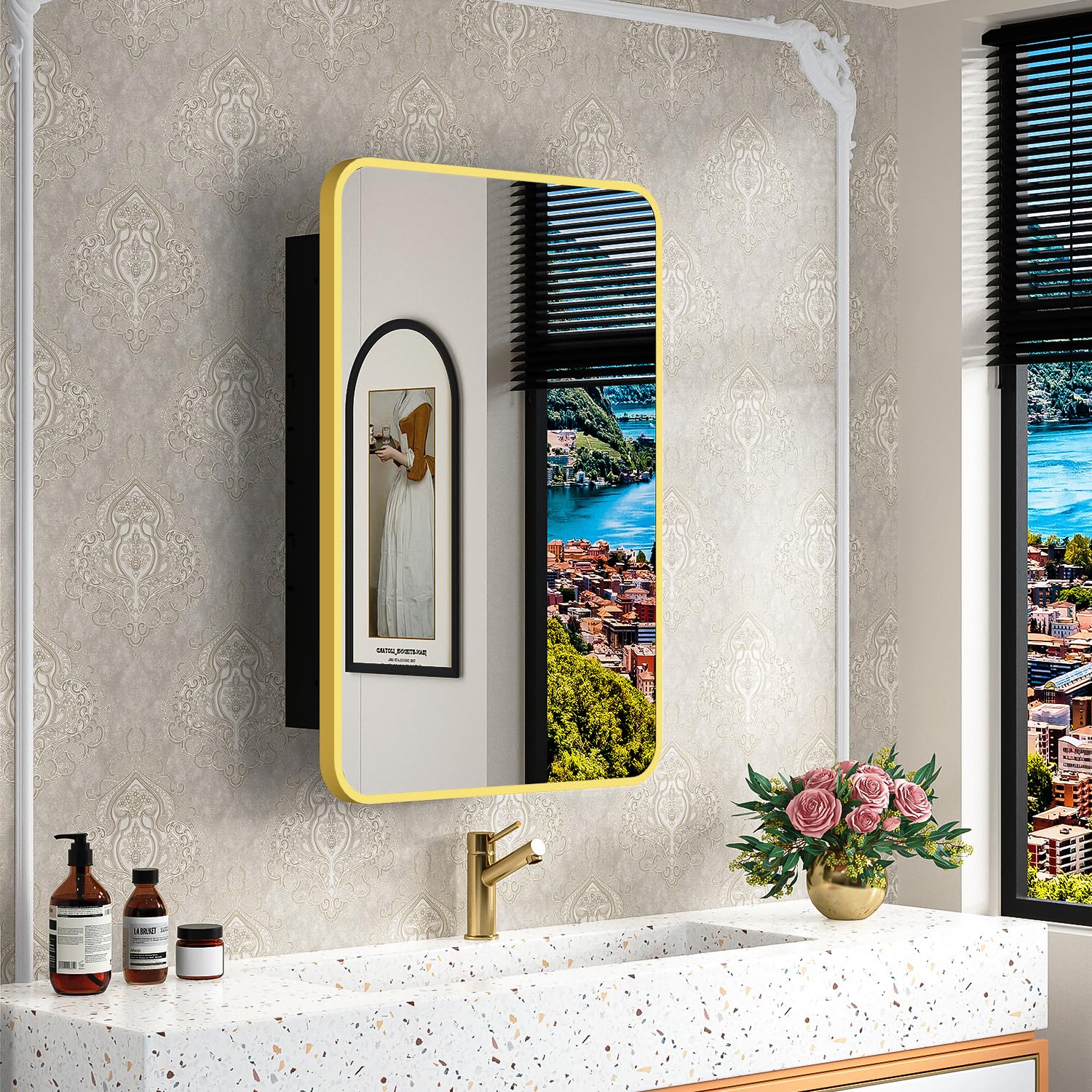 16x24 Inch Gold Metal Frame Bathroom Medicine Cabinet with Mirror - Recessed or Wall Mounted for Bathroom, Vanity & Makeup Area
